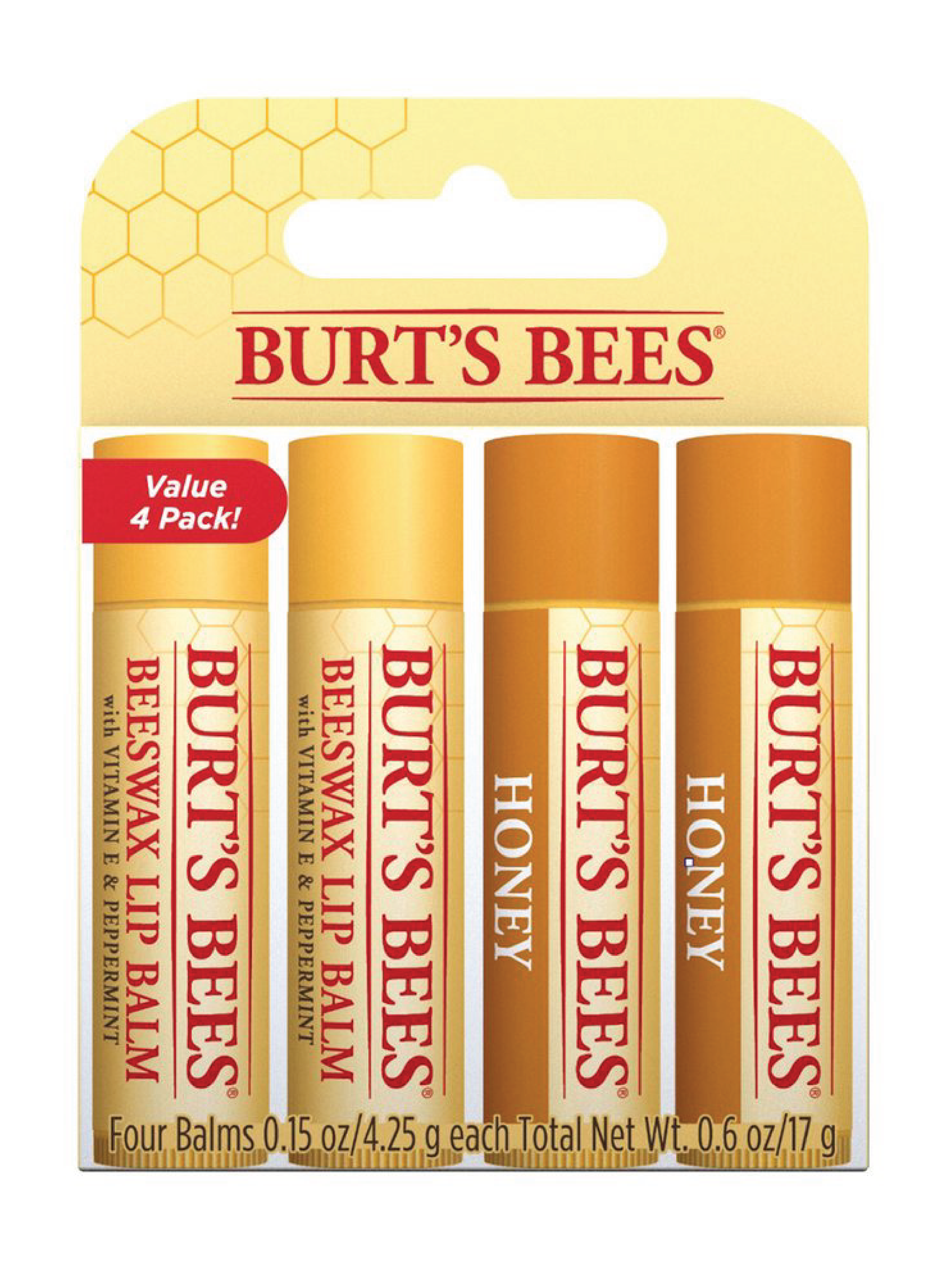 Burt's Bees Beeswax & Honey Quad Pack, 4 x 4,25 g