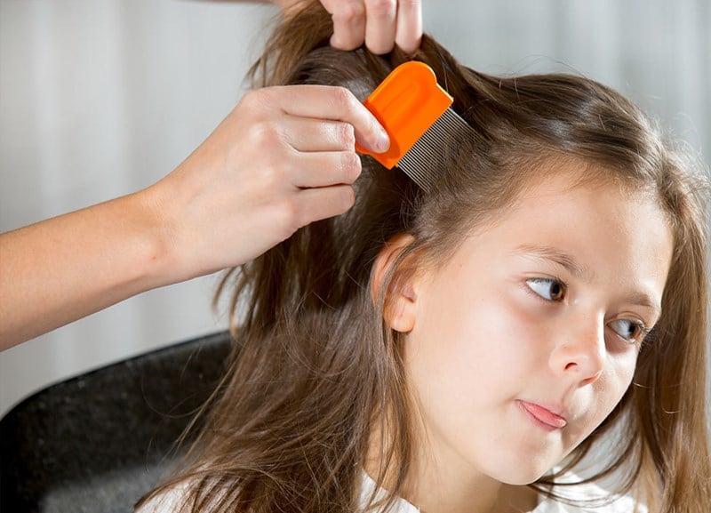 Ung jente får sjekket håret sitt med en lusekam