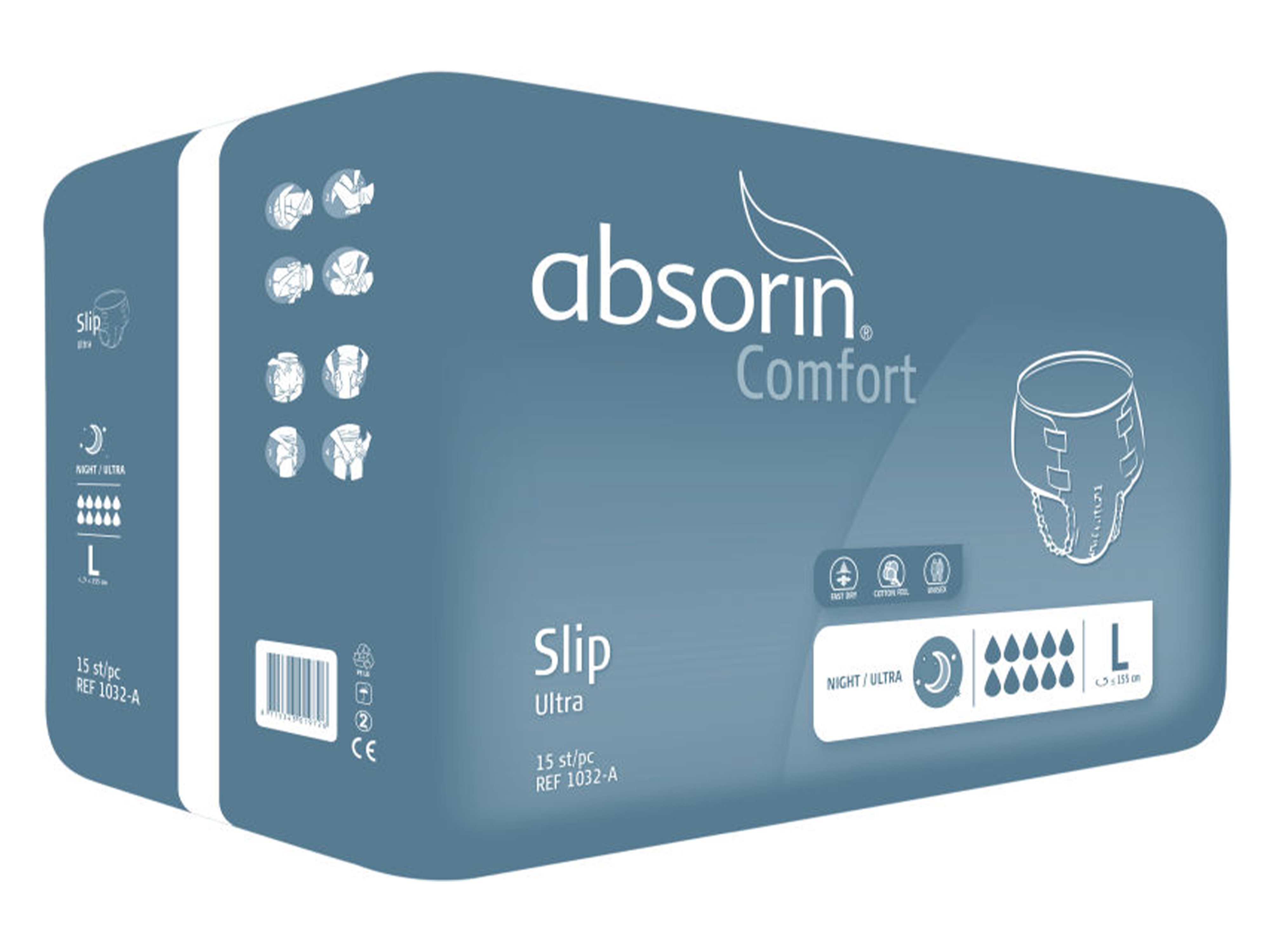 Absorin Comfort slip ultra, alt-i-ett bleie, Large, 15 stk.