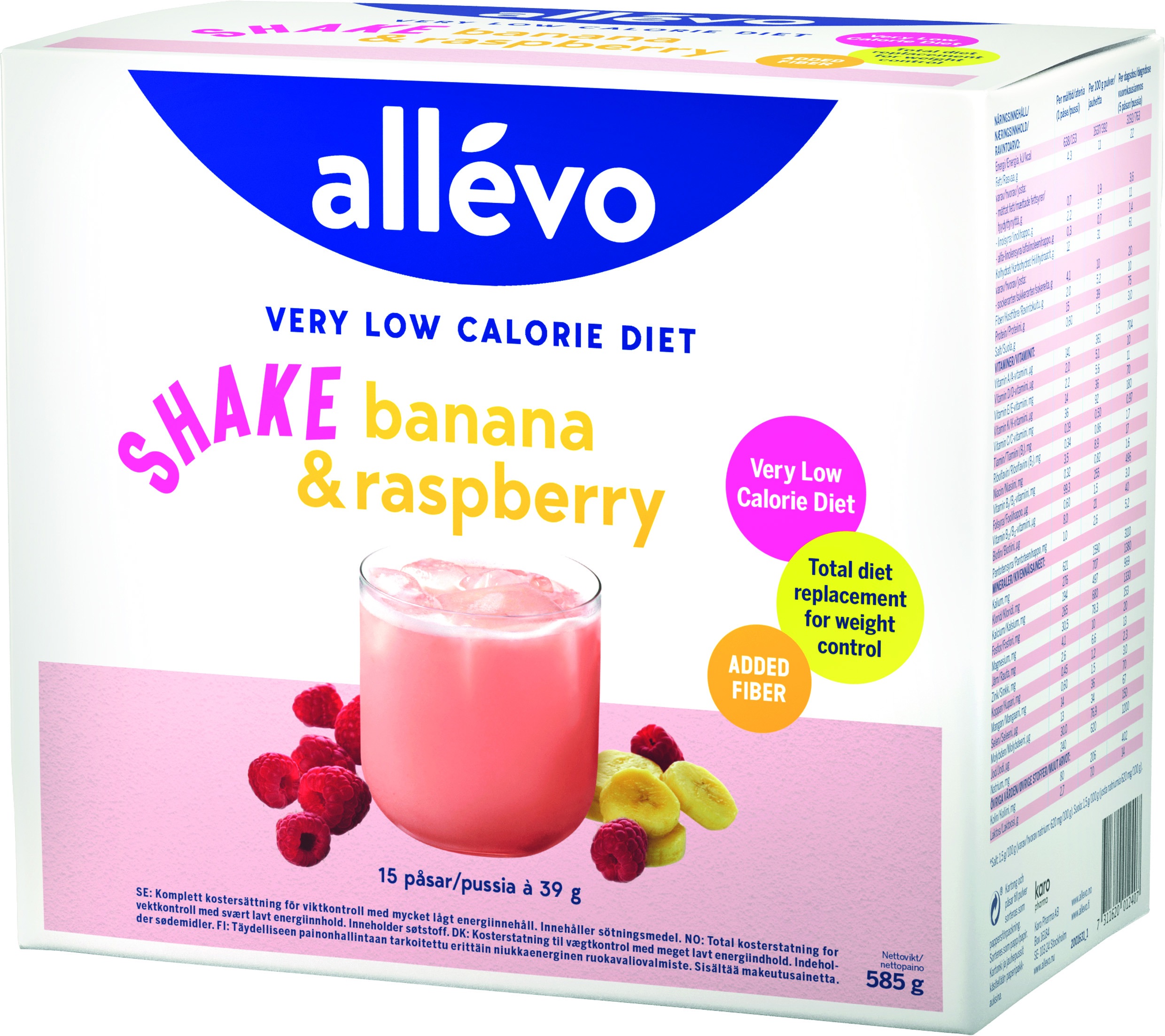 Allevo VLCD Shake Banana & Raspberry, 15x39 g