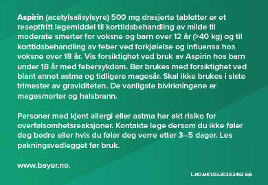 Aspirin Tabletter 500mg, 20 stk.