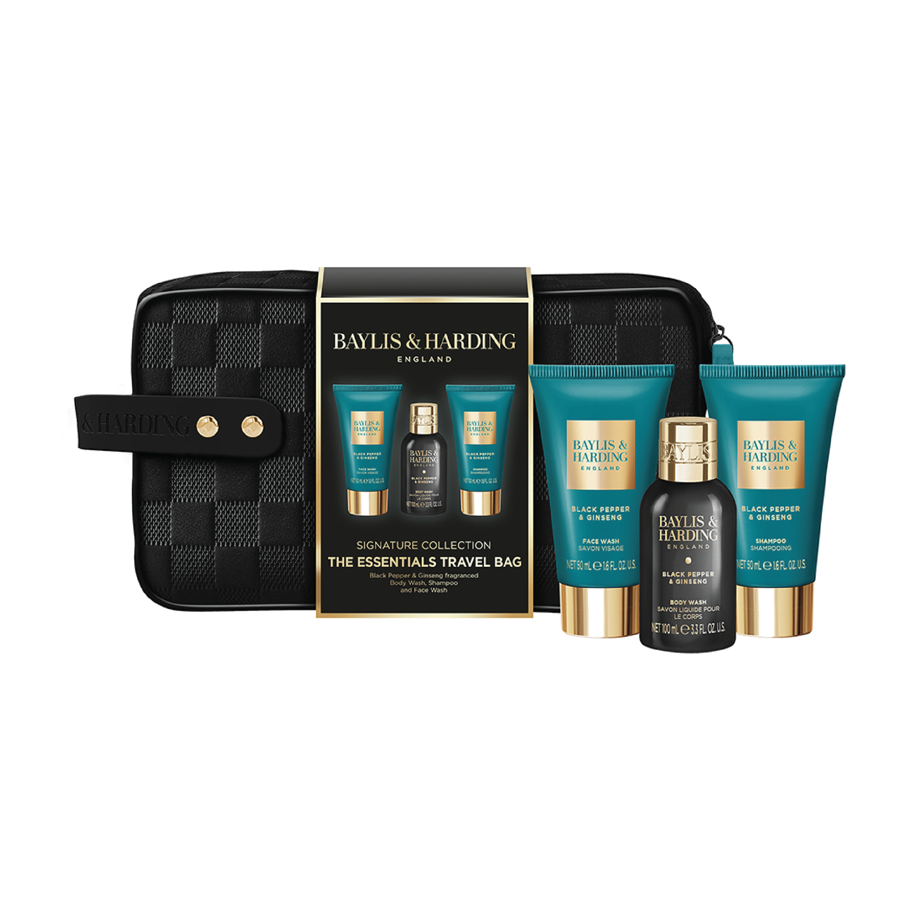 Baylis & Harding Black Pepper & Ginseng Men's The Essentials Travel Wash Bag Gift Set, 1 sett