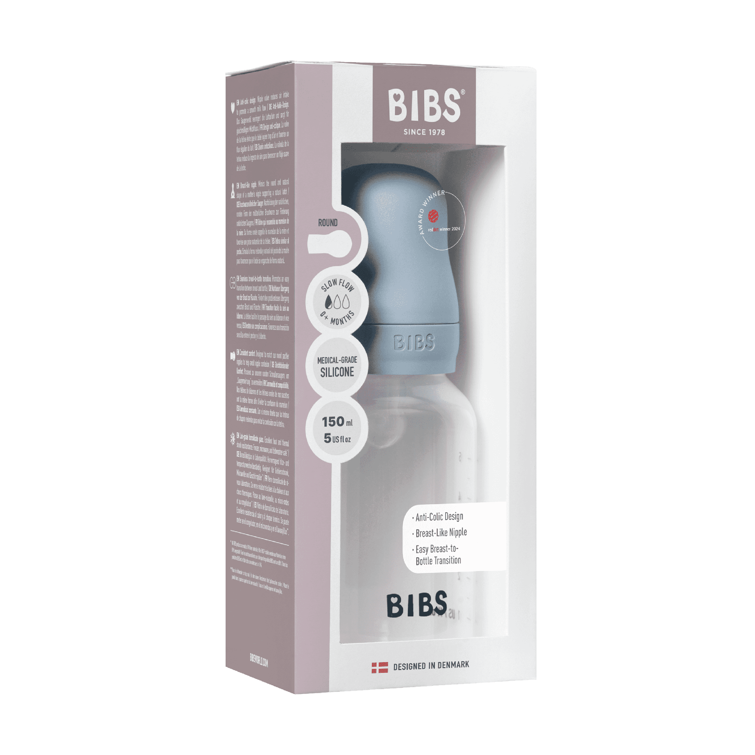 BIBS Baby Bottle Round Silicone Tåteflaske, Baby blue, 150 ml