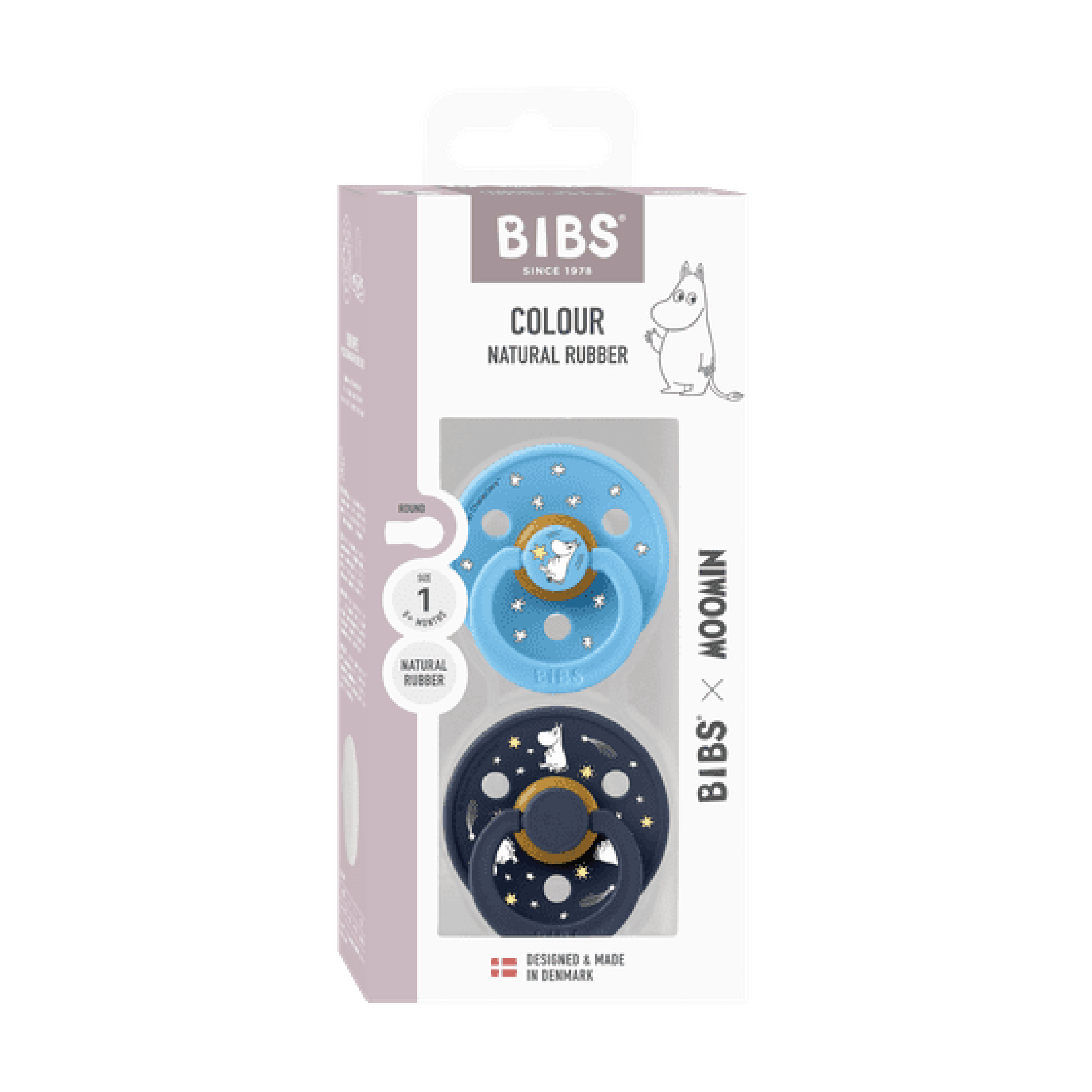 BIBS Moomin Pacifier Colour Good Night Latex Str. 1, 0-6 mnd, breeze mix, 2 stk.
