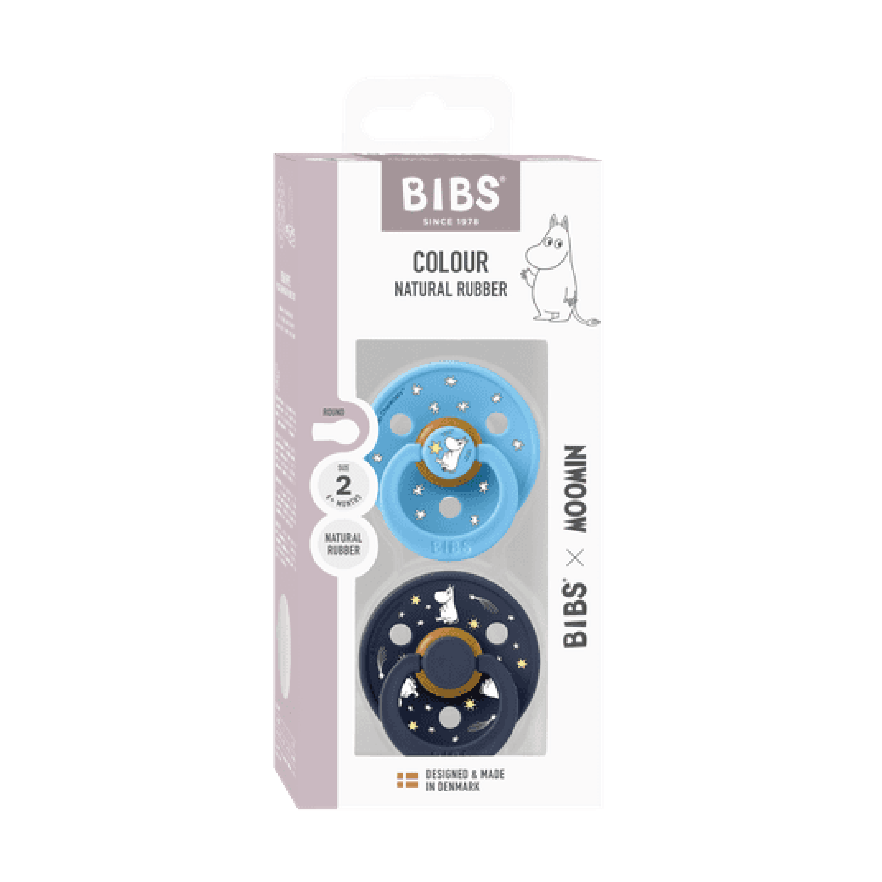 BIBS Moomin Pacifier Colour Good Night Latex Str. 2, 6-18 mnd, breeze mix, 2 stk.