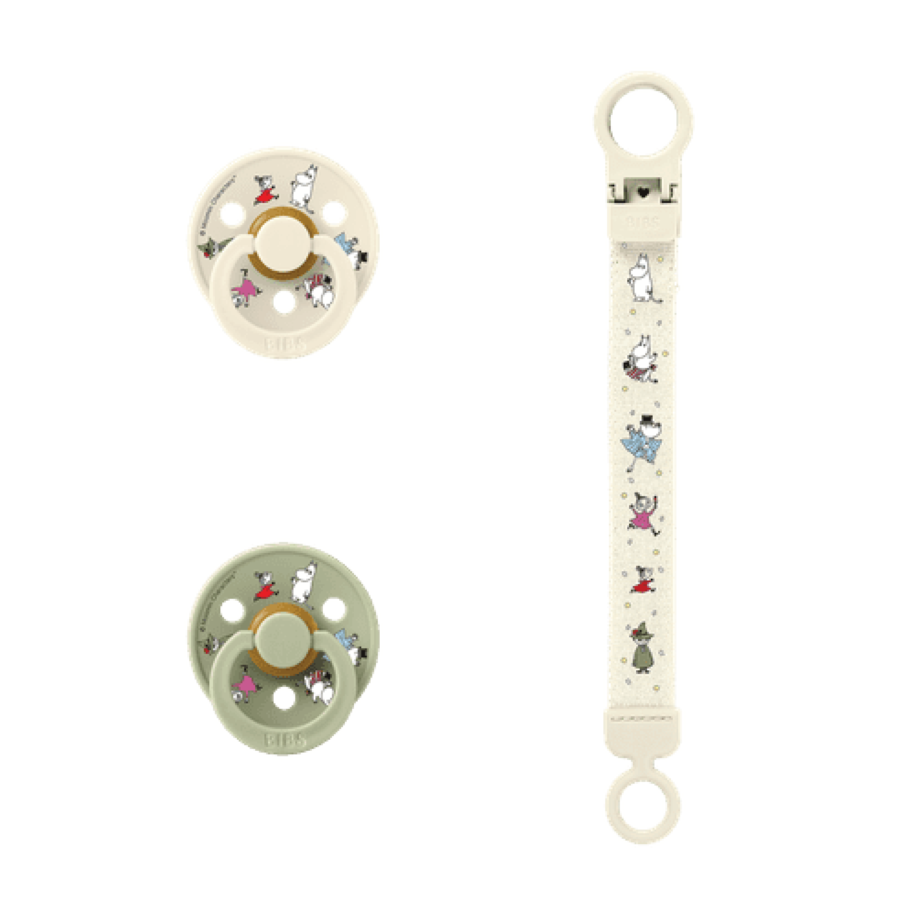 BIBS Moomins Colour Pacifier & Loop Clip Gift Set Latex Str. 2, 6-8 mnd, ivory/sage, 1 sett