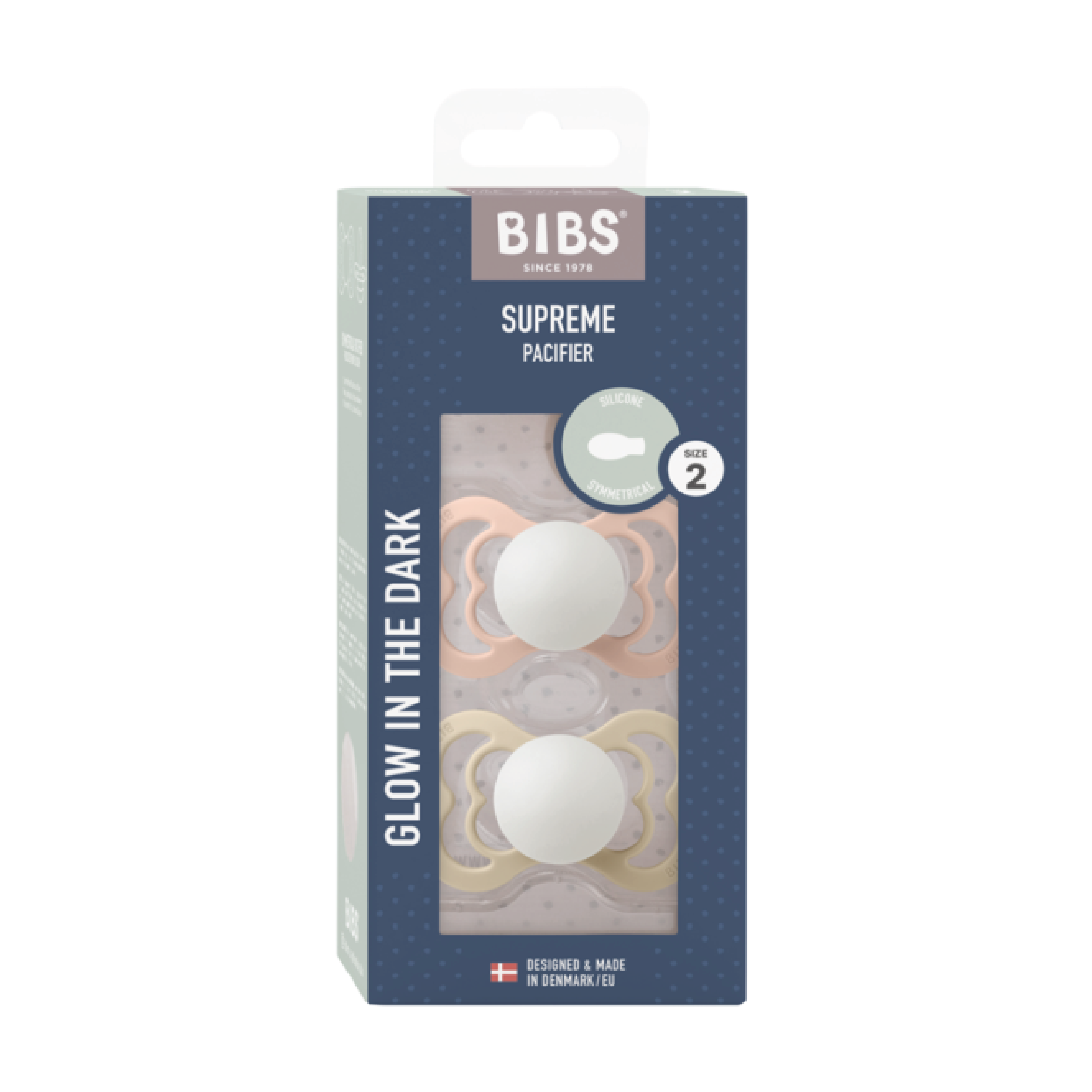 BIBS Supreme Silicone Glow Smokk Str. 2, 6-18 mnd, blush/vanilla, 2 stk.