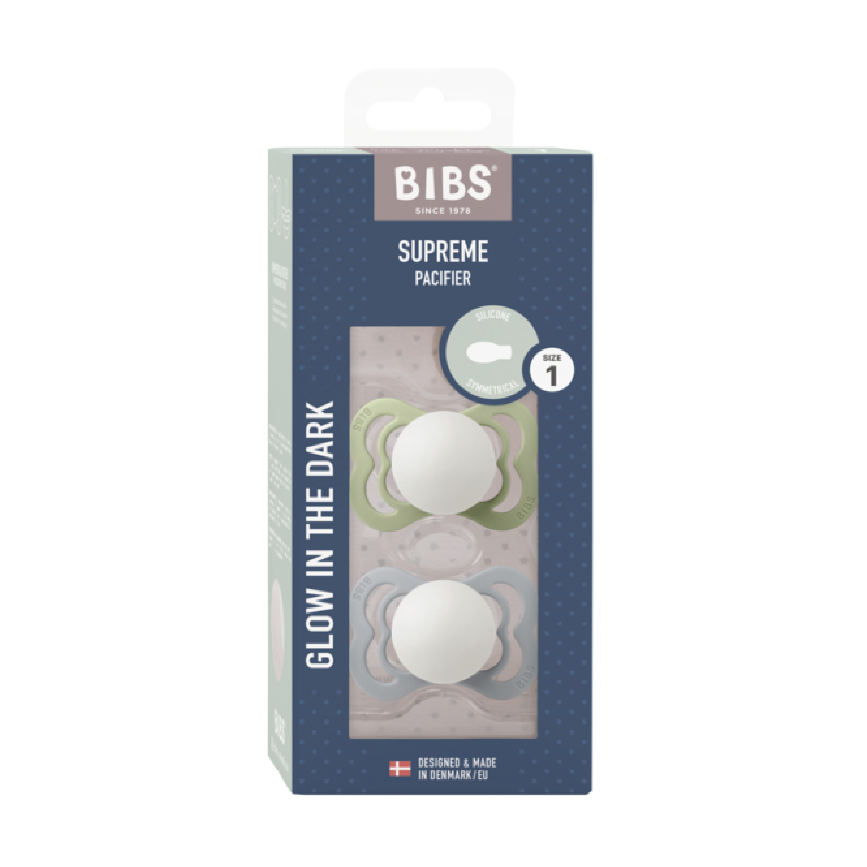 BIBS Supreme Silicone Glow Smokk Str. 1, 0-6 mnd, sage/cloud, 2 stk.