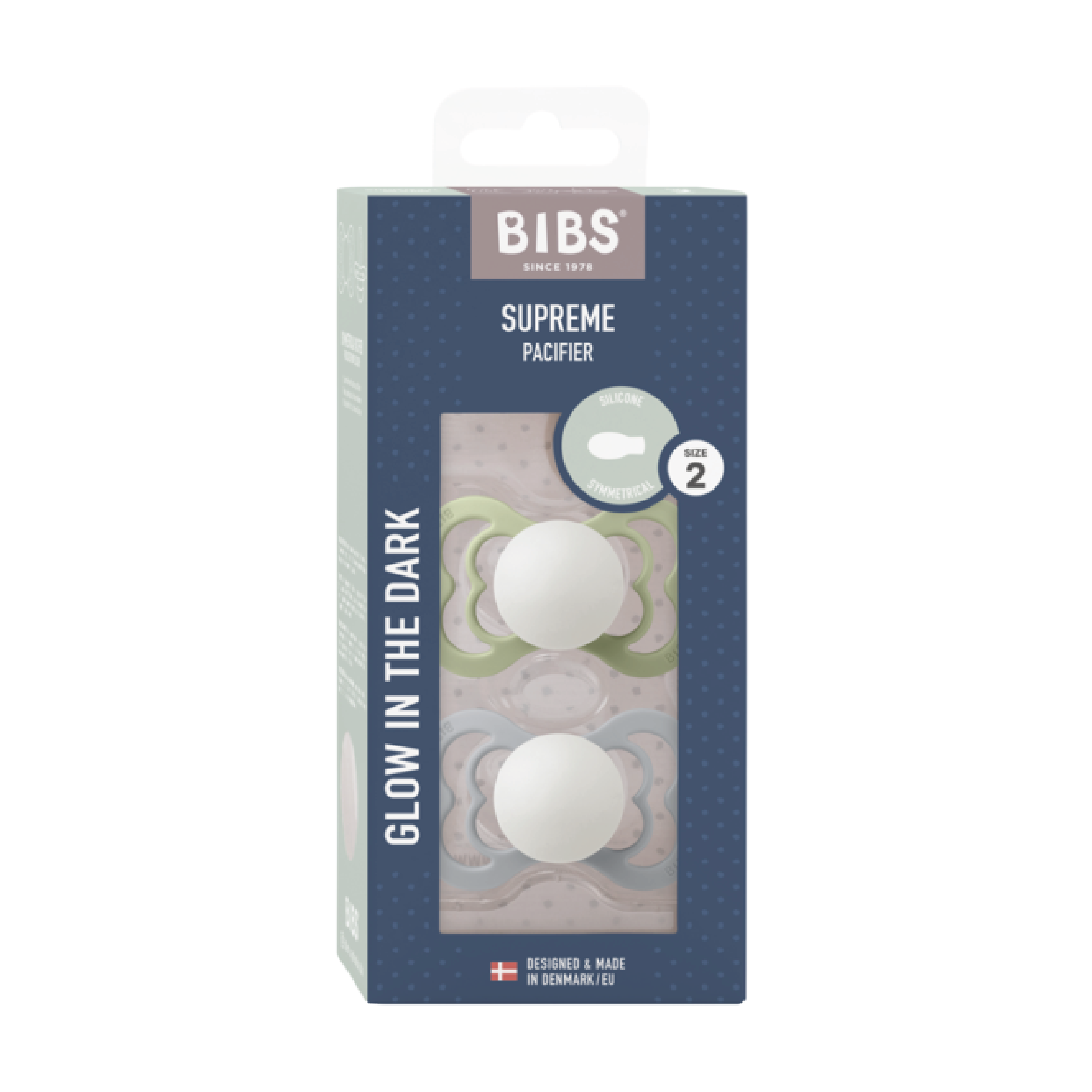 BIBS Supreme Silicone Glow Smokk Str. 2, 6-18 mnd, sage/cloud, 2 stk.