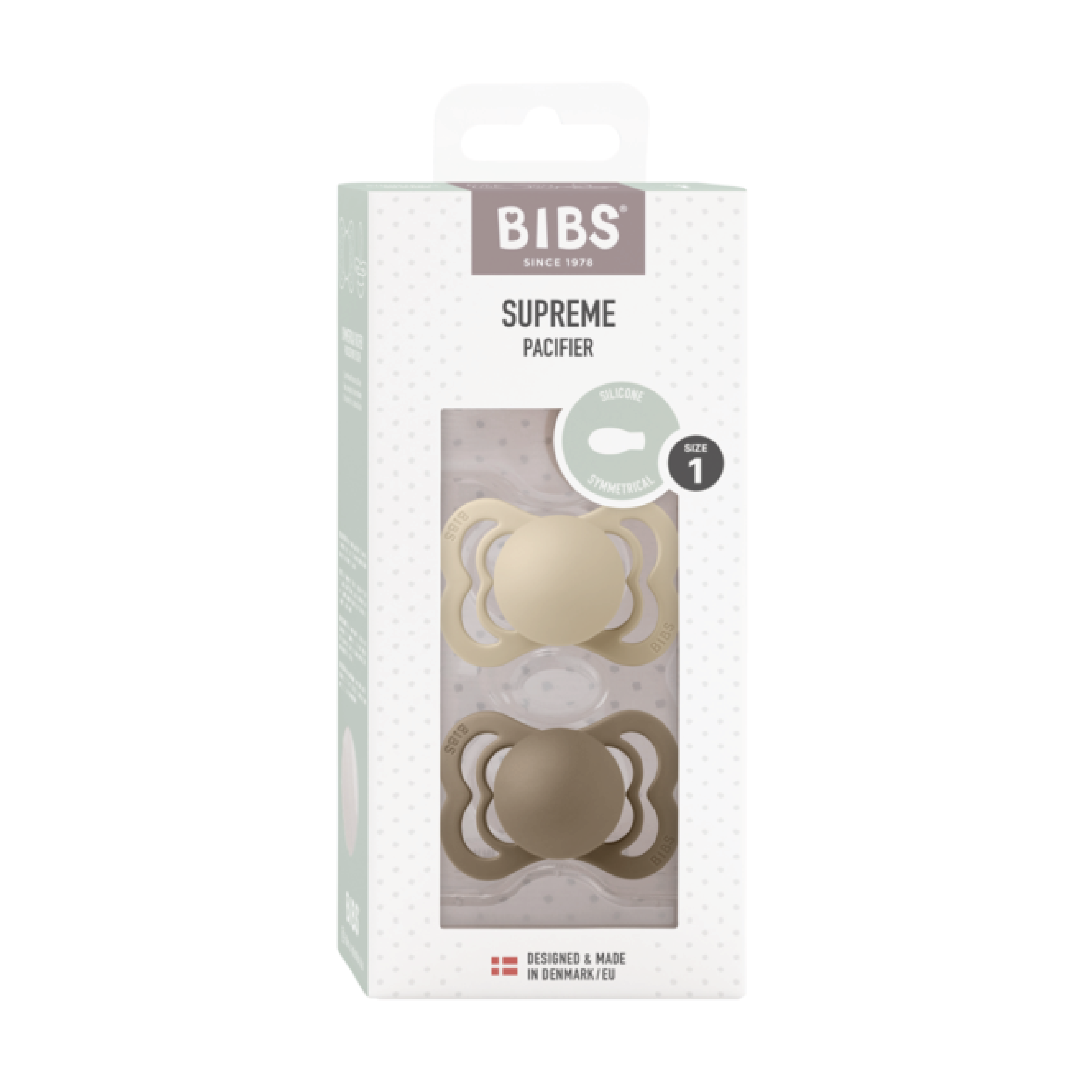 BIBS Supreme Silicone Smokk Str. 1, 0-6 mnd, vanilla/dark oak, 2 stk.