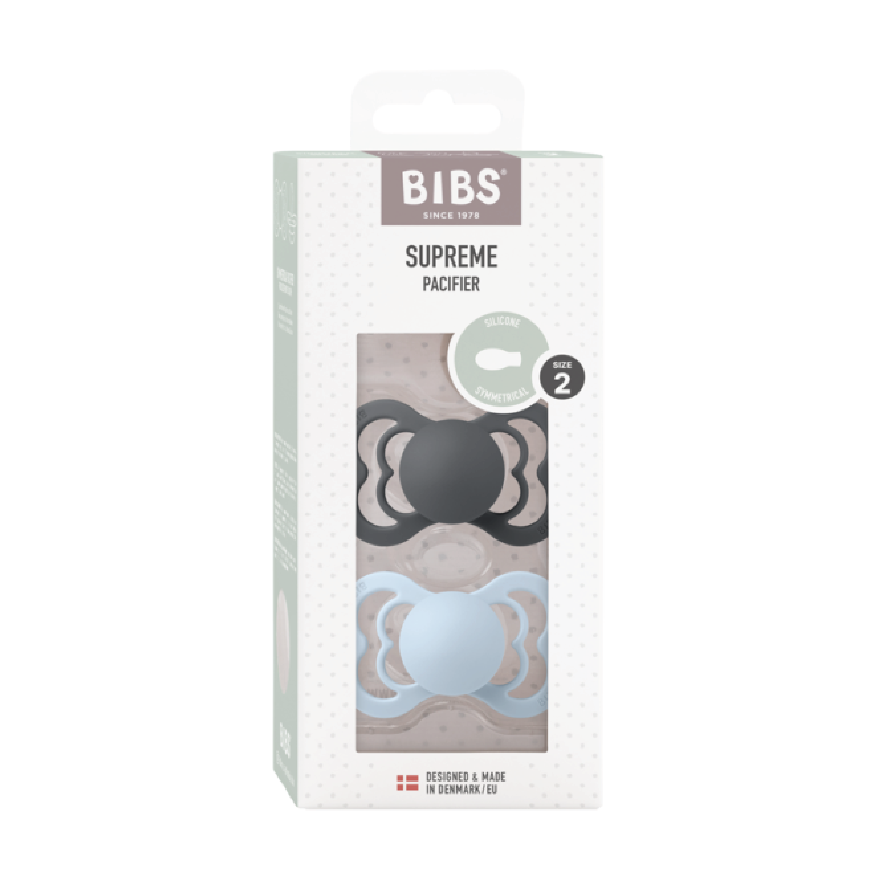 BIBS Supreme Silicone Smokk Str. 2, 6-18 mnd, iron/baby blue, 2 stk.