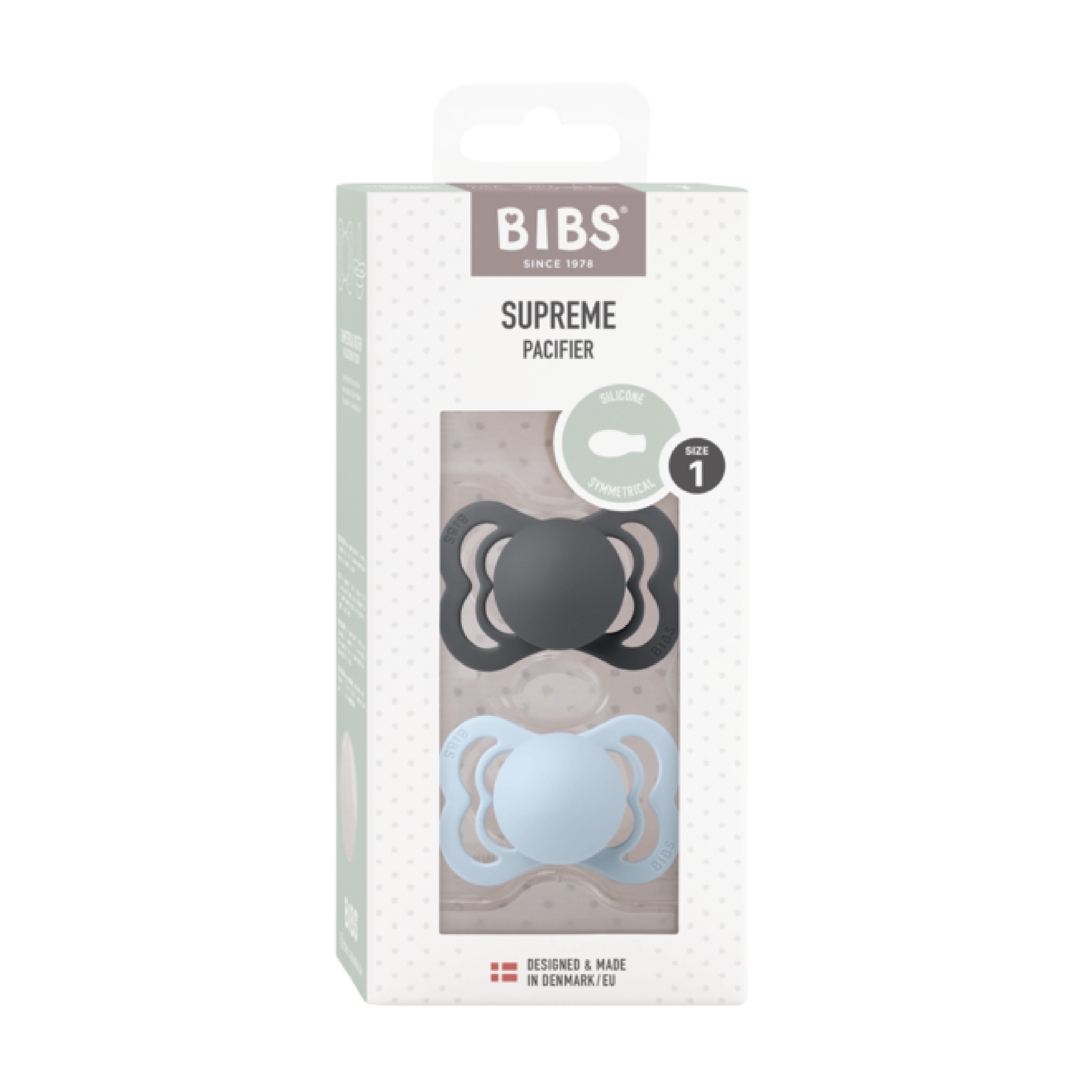 BIBS Supreme Silicone Smokk Str. 1, 0-6 mnd, iron/baby blue, 2 stk.