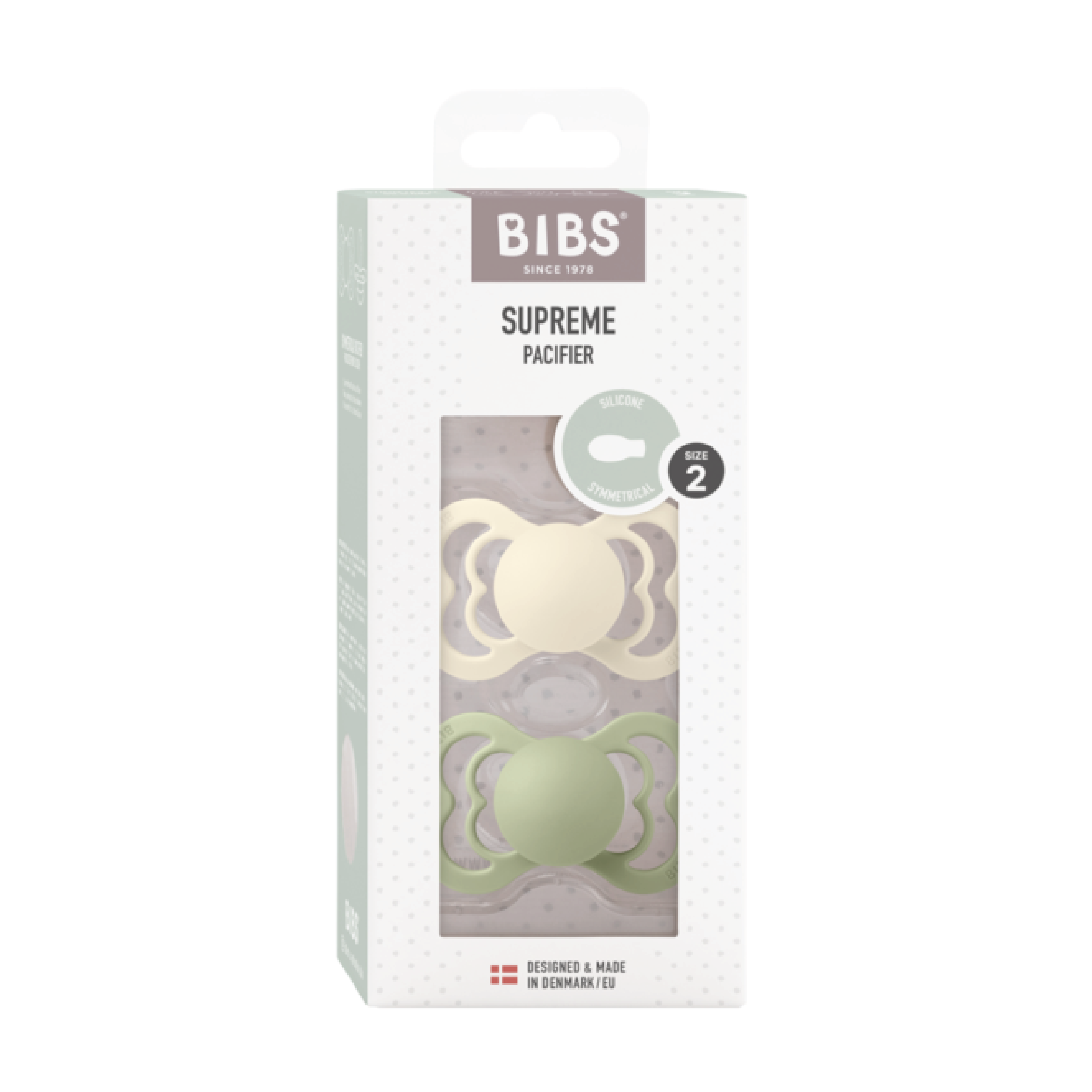 BIBS Supreme Silicone Smokk Str. 2, 6-18 mnd, ivory/sage, 2 stk.