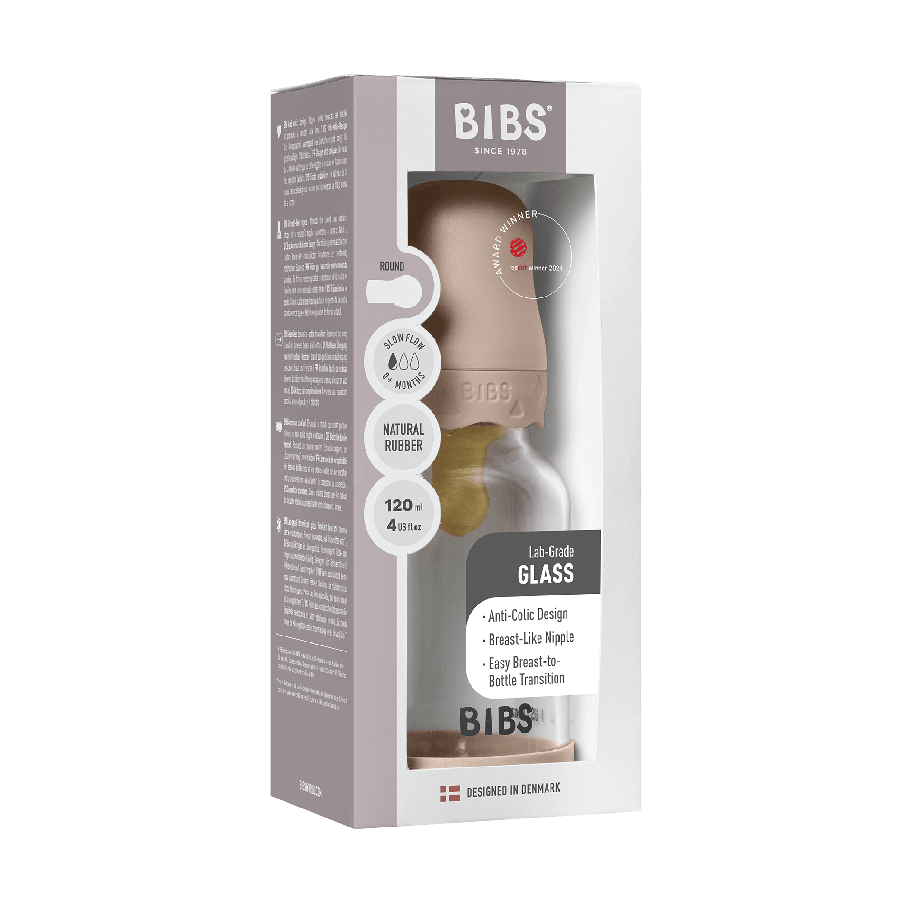 BIBS Tåteflaske i glass, Blush, 120 ml