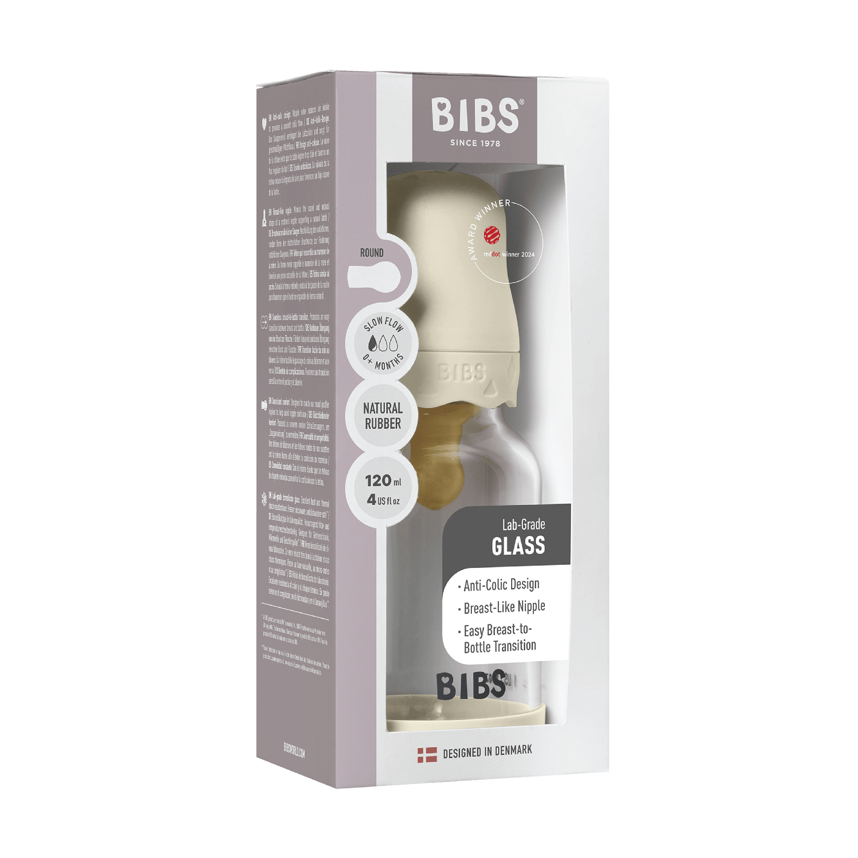 BIBS Tåteflaske i glass, Ivory, 120 ml