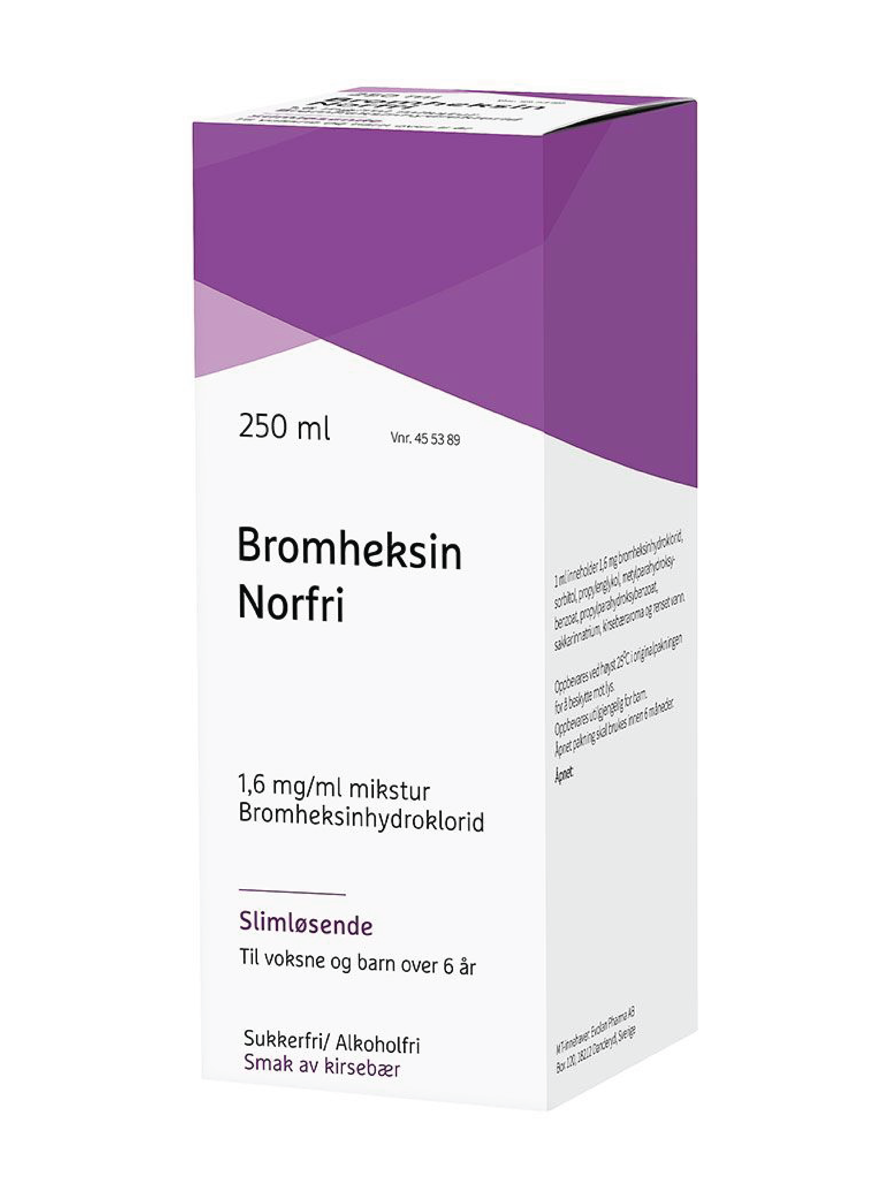 Bromheksin Norfri 1,6 mg/ml mikstur, Kirsebær, 250 ml