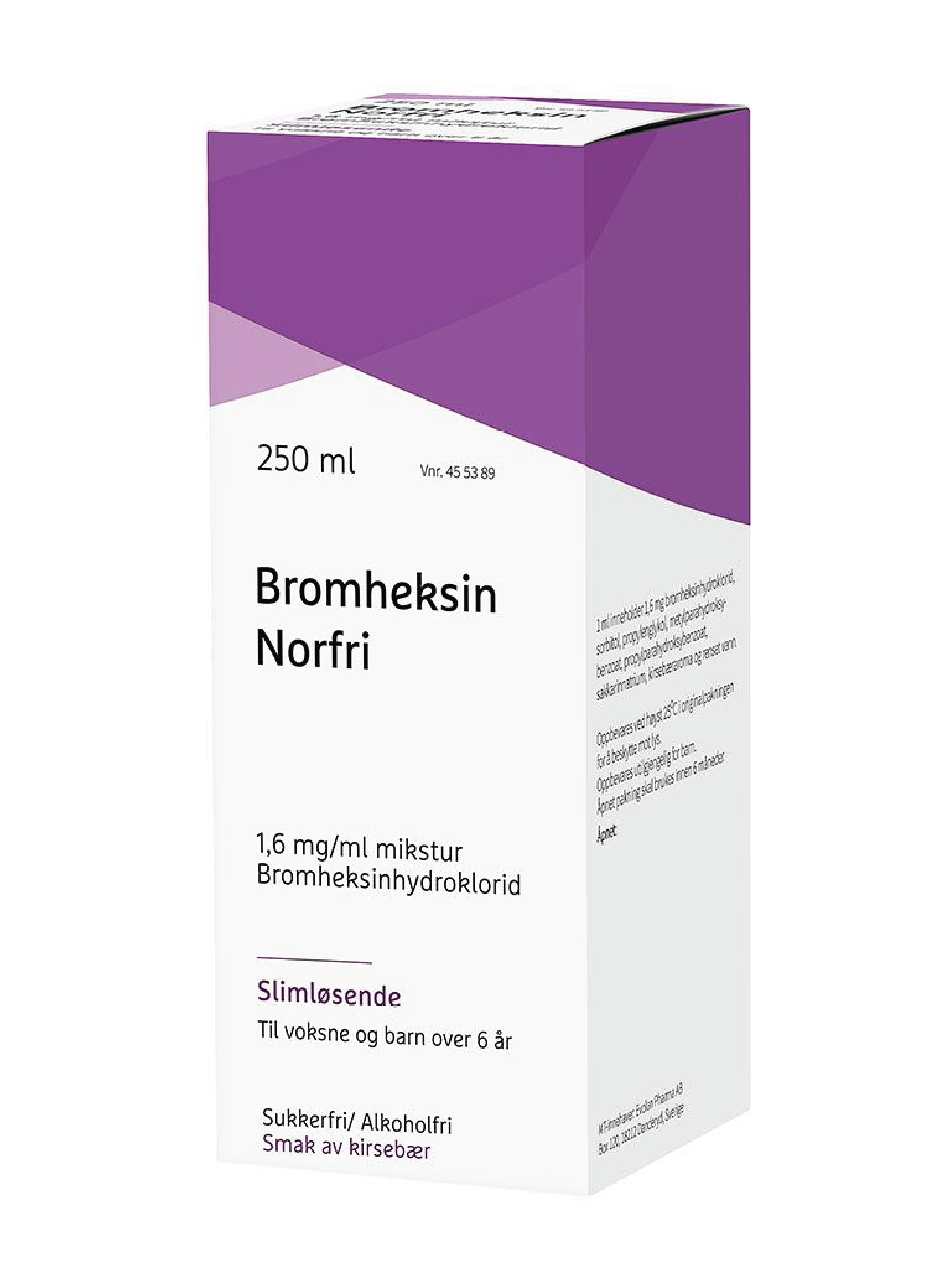 Bromheksin Norfri 1,6 mg/ml mikstur, Kirsebær, 250 ml