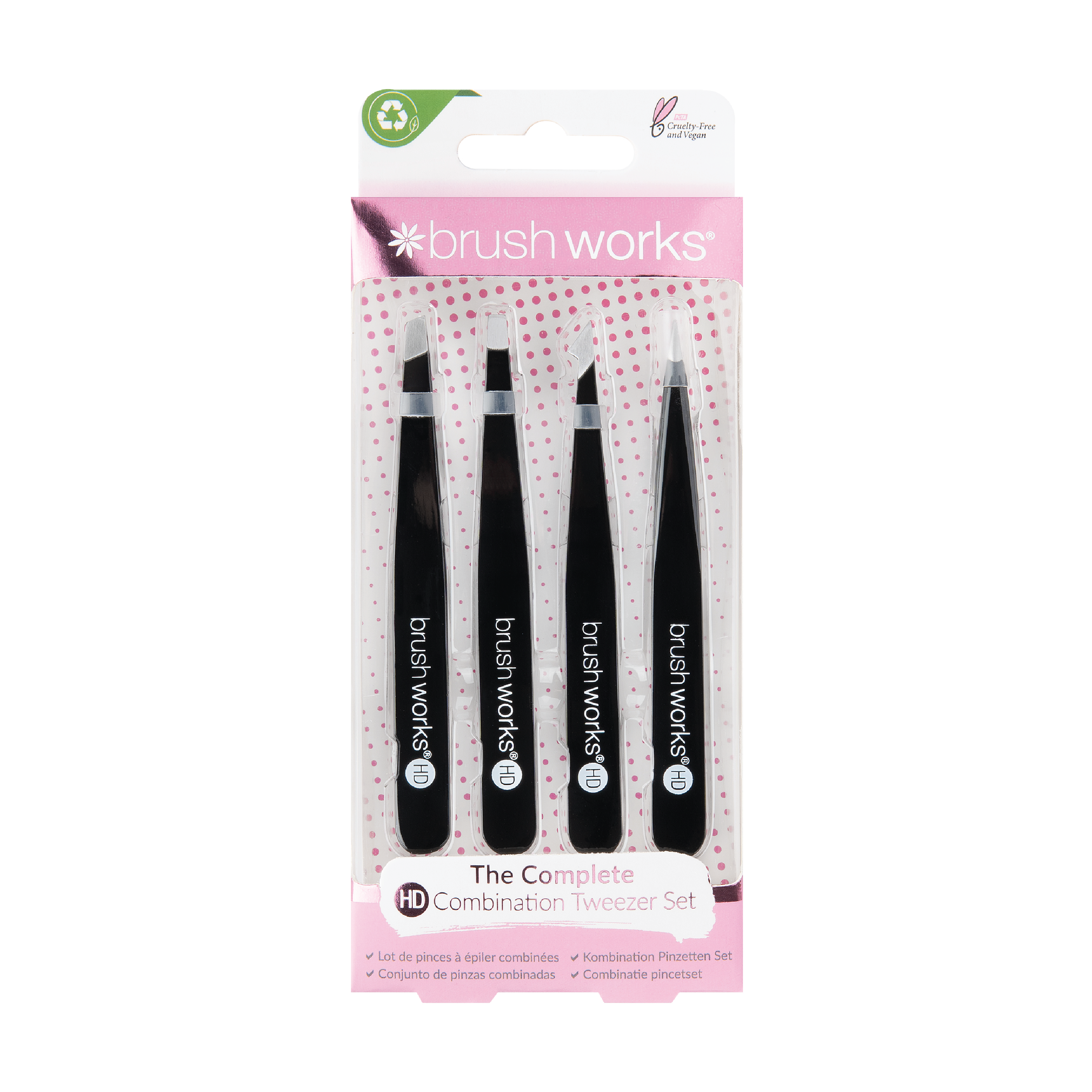 Brushworks HD 4 Piece Combination Tweezer Set, Svart, 4 stk.