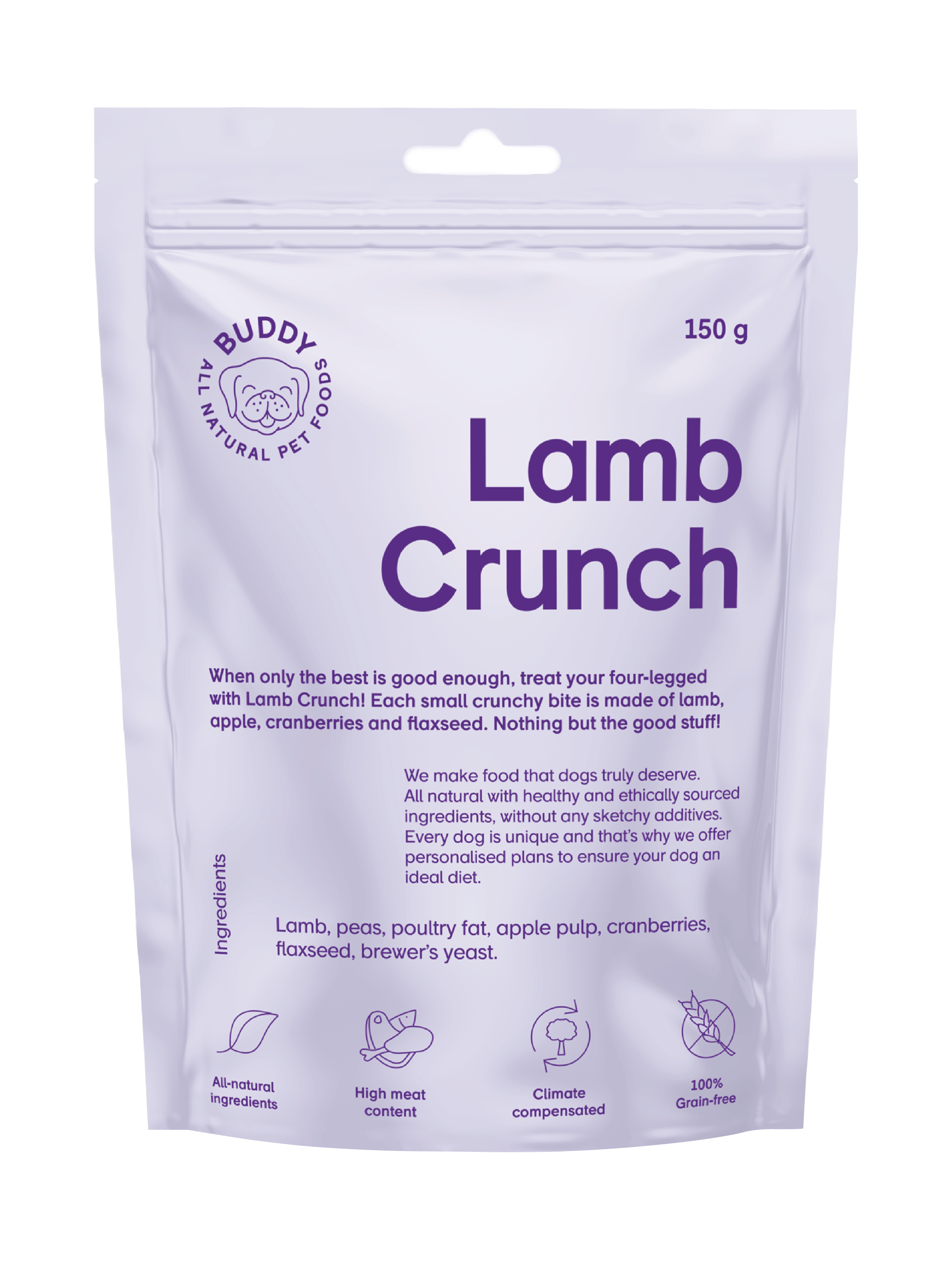 Buddy Pet Foods Crunchy Snack, Lam & tranebær, 150 g