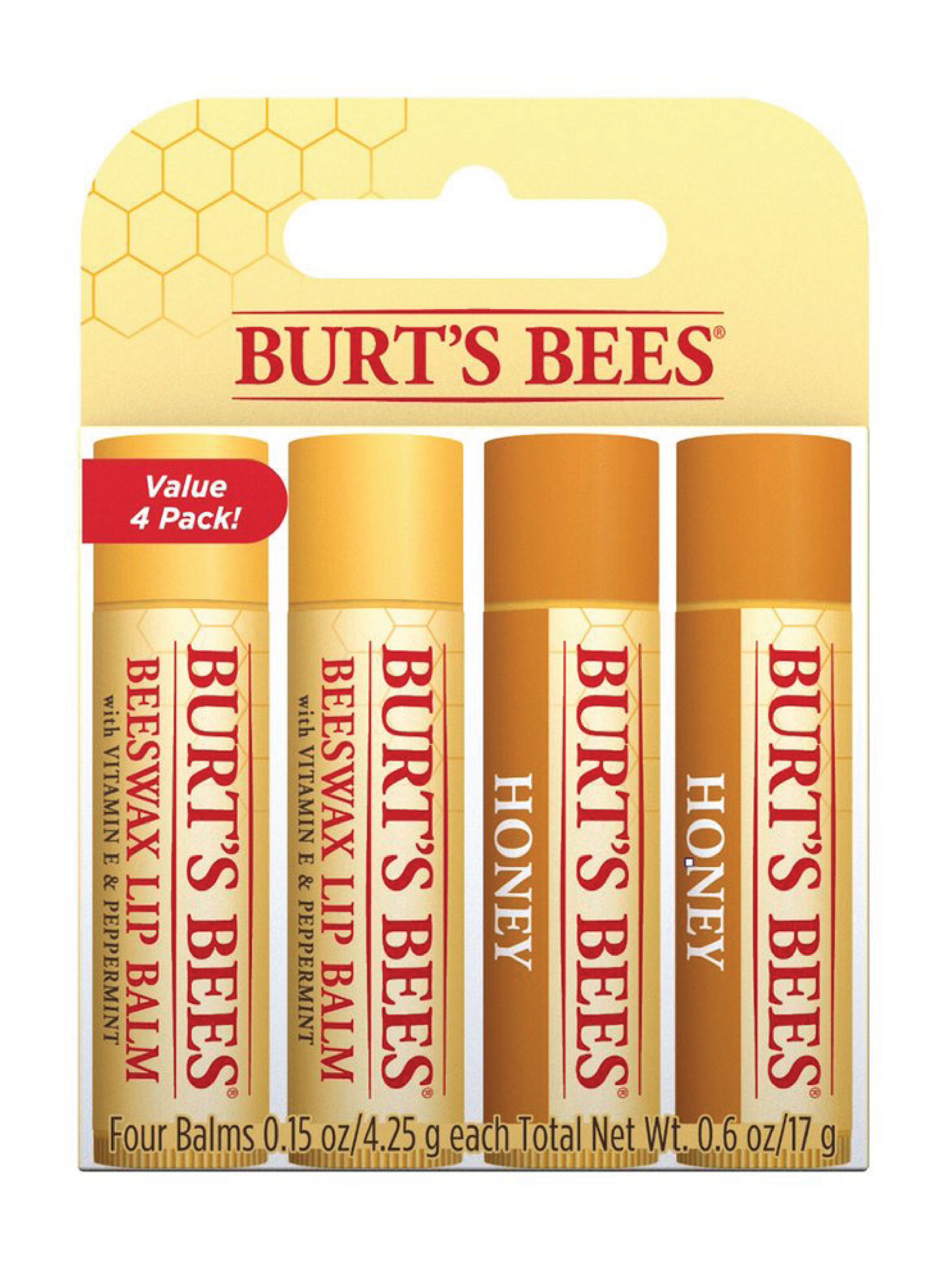 Burt's Bees Beeswax & Honey Quad Pack, 4 x 4,25 g