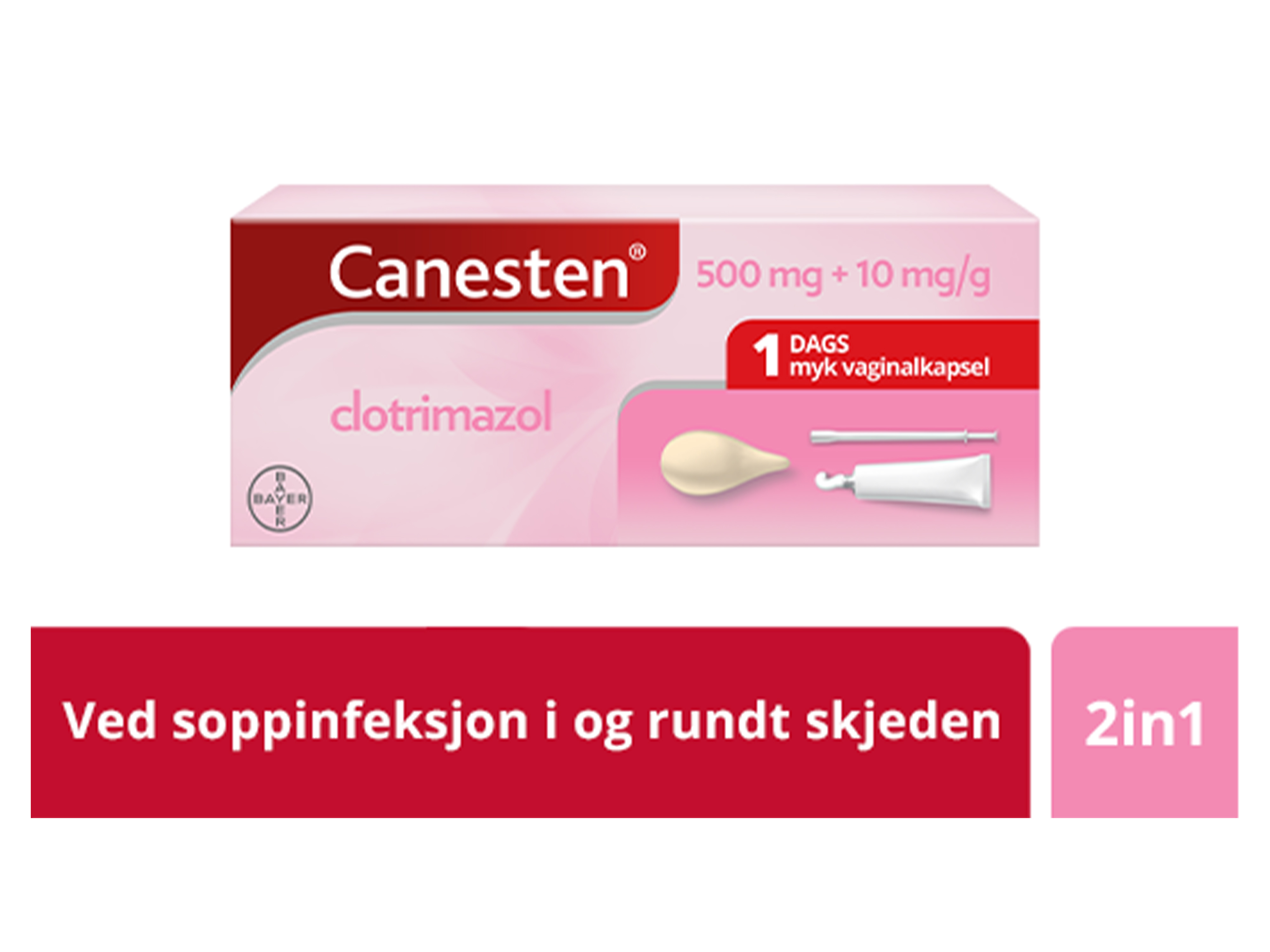 Canesten 500 mg vaginalkapsel + 10 mg/g krem, 20 g + 1 stk.