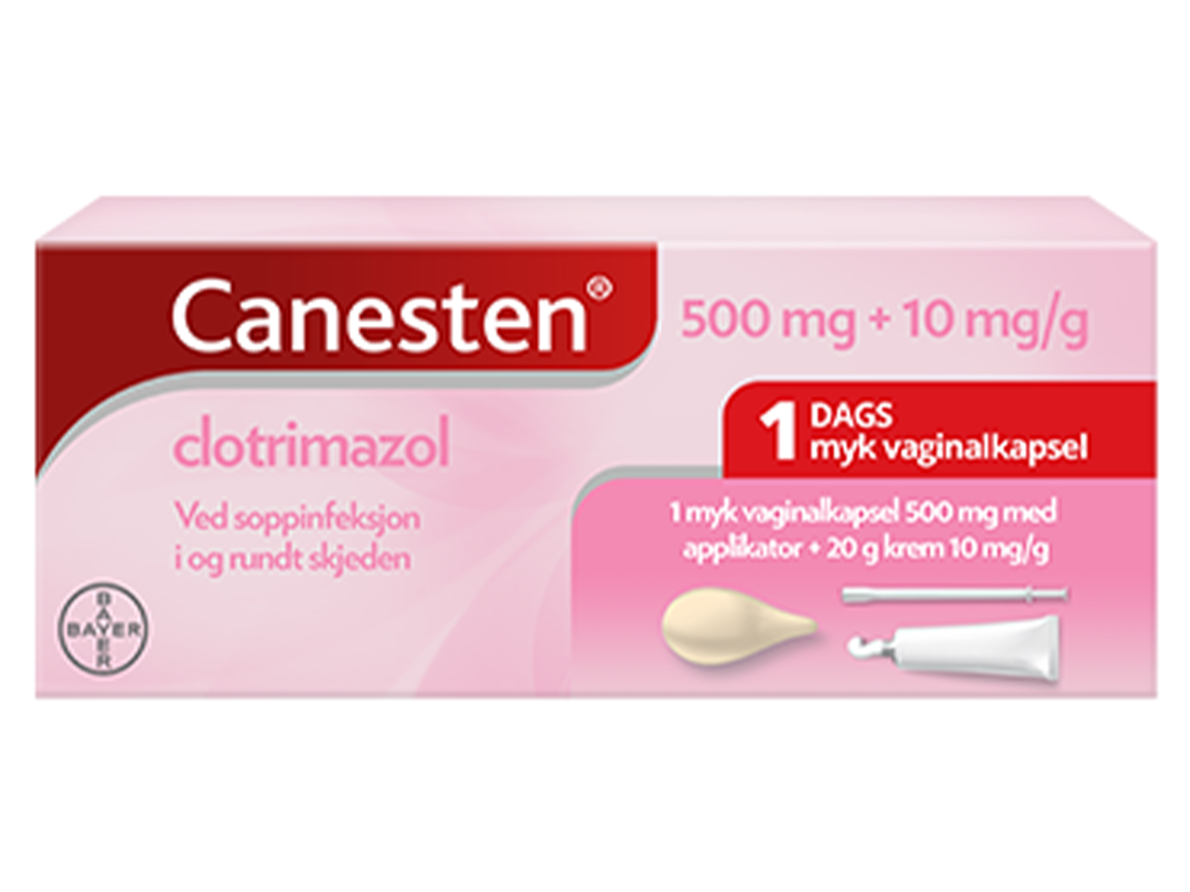 Canesten 500 mg vaginalkapsel + 10 mg/g krem, 1 stk. + 20 g