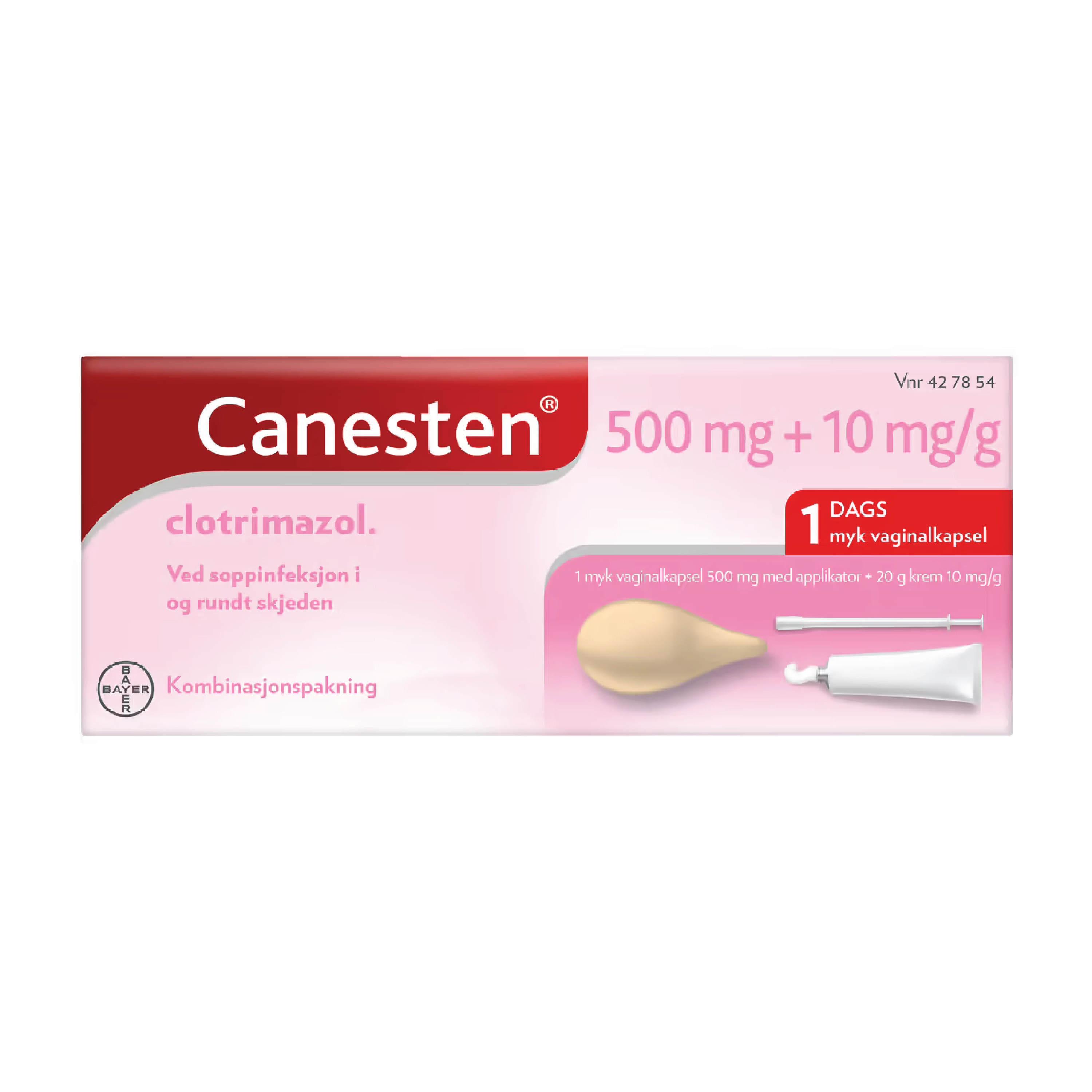 Canesten 500 mg vaginalkapsel + 10 mg/g krem, 1 stk. + 20 g