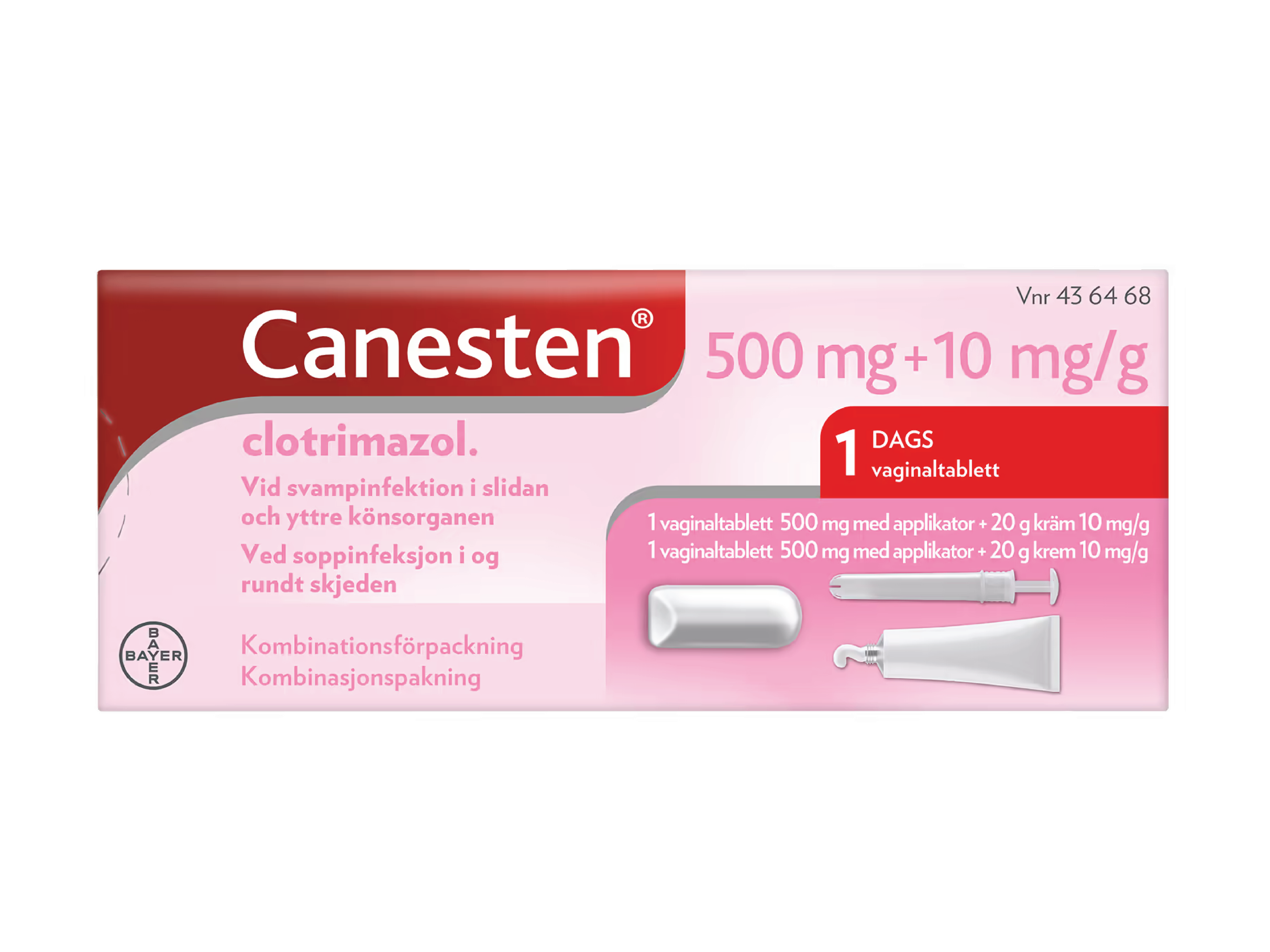 Canesten 500 mg vaginaltablett + 10 mg/g krem, 1 stk. + 20 g
