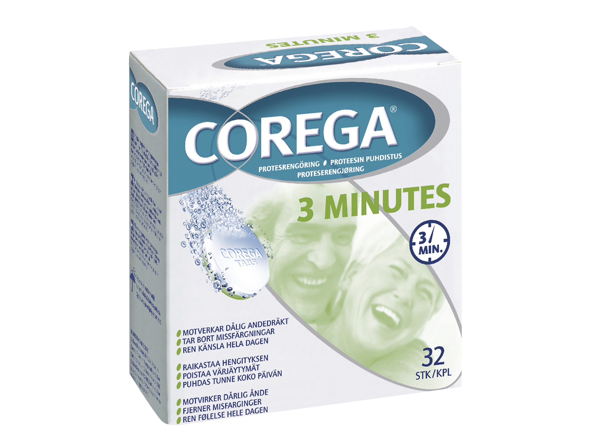 Corega Tabs 3min rensetabletter, 32 stk. på brett