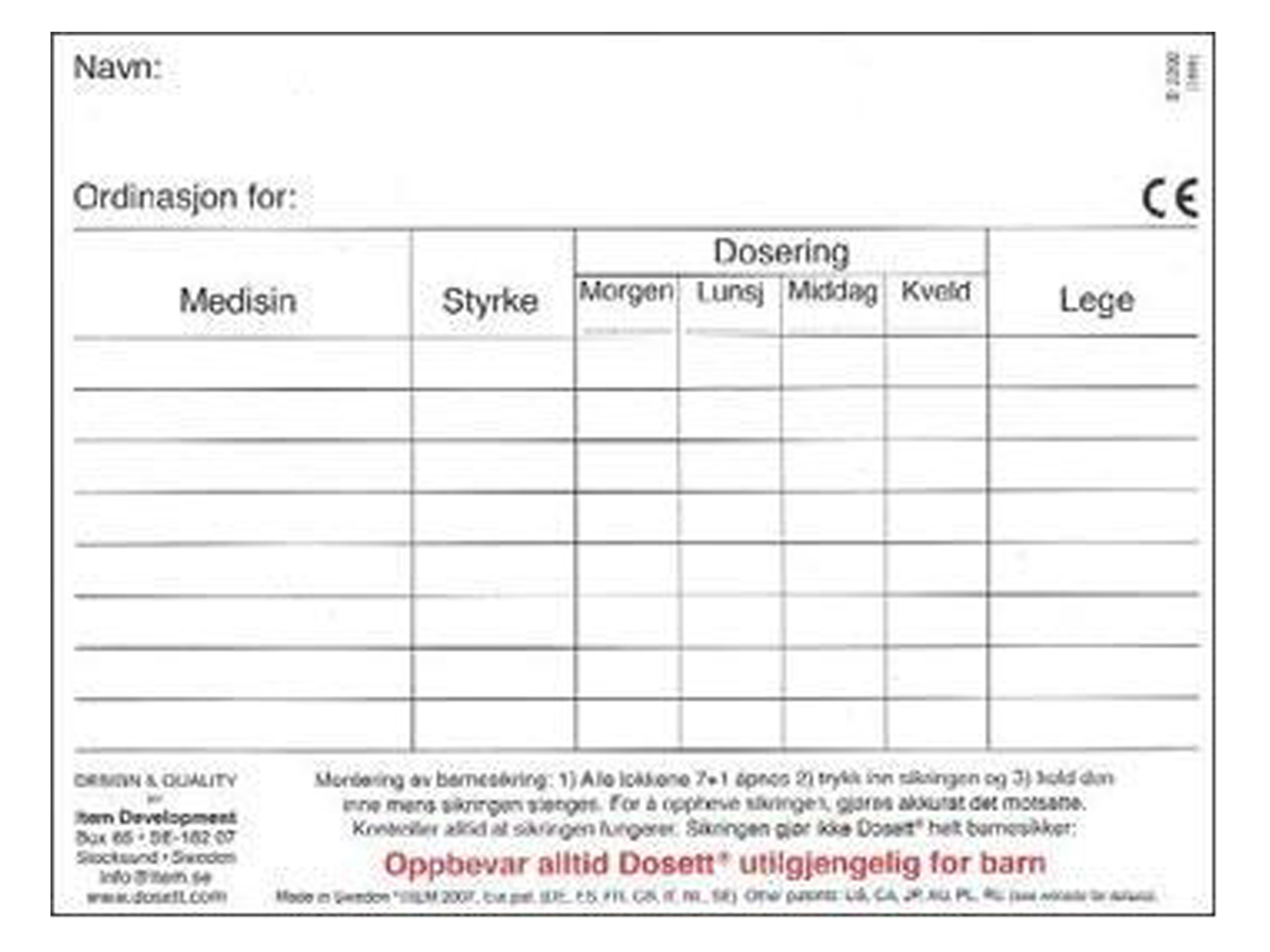 Dosett Dosett Skjema til medi dosett, 10 stk