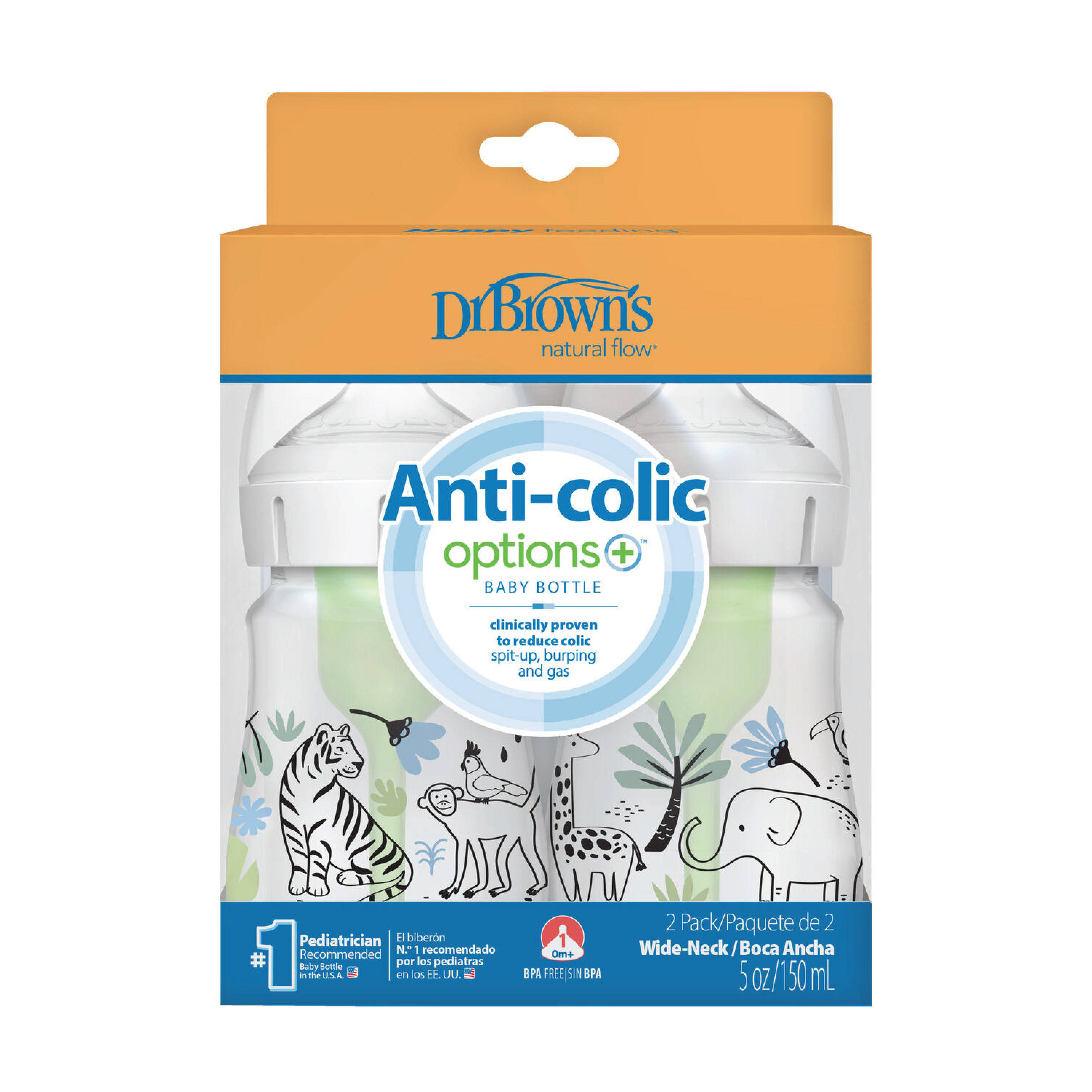 Dr. Brown's Anti-Kolikk Wideneck Tåteflaske Jungle, 2 x 150 ml