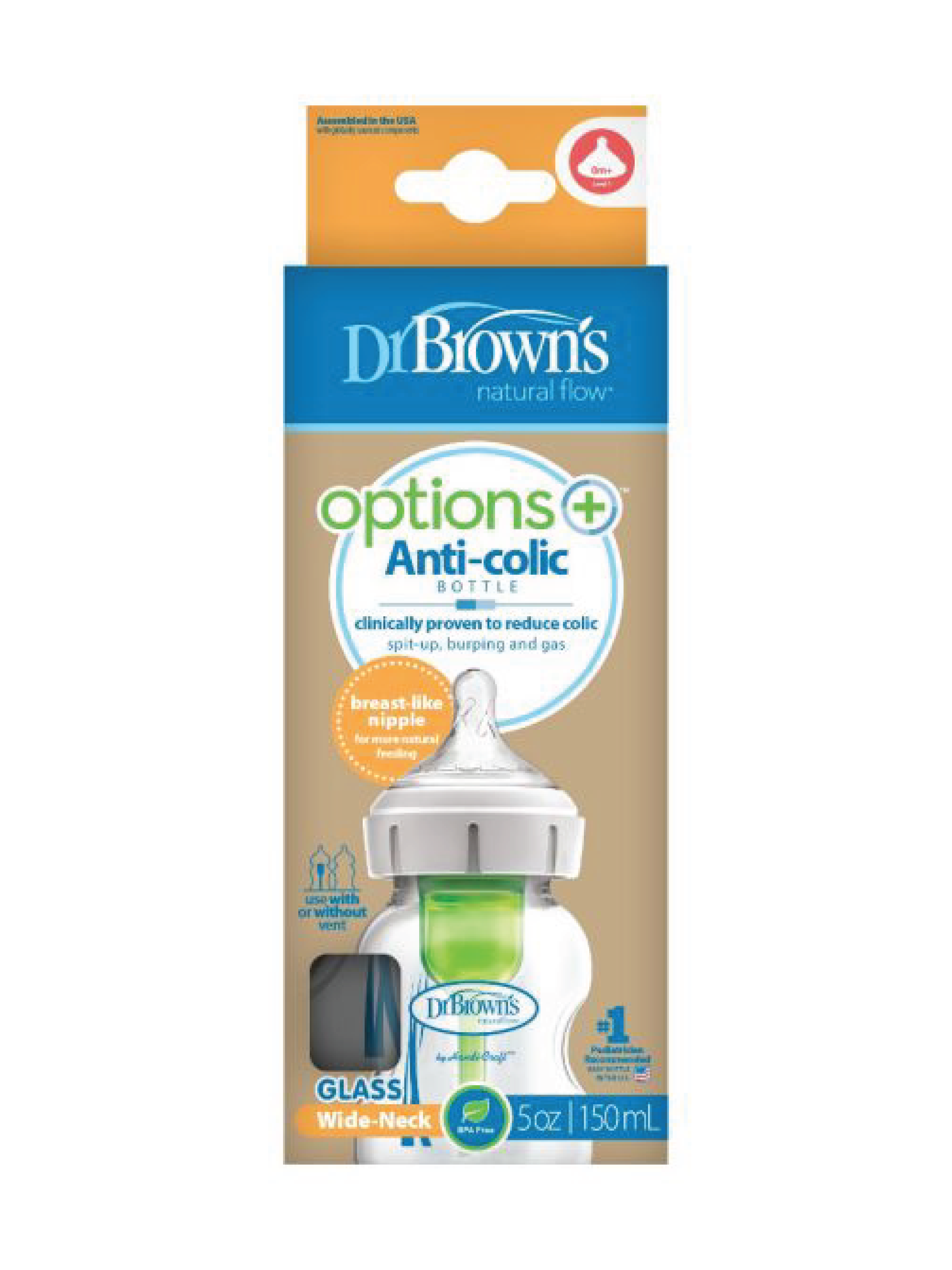 Dr. Brown's Antikolikk Wideneck Tåteflaske Glass, 150 ml