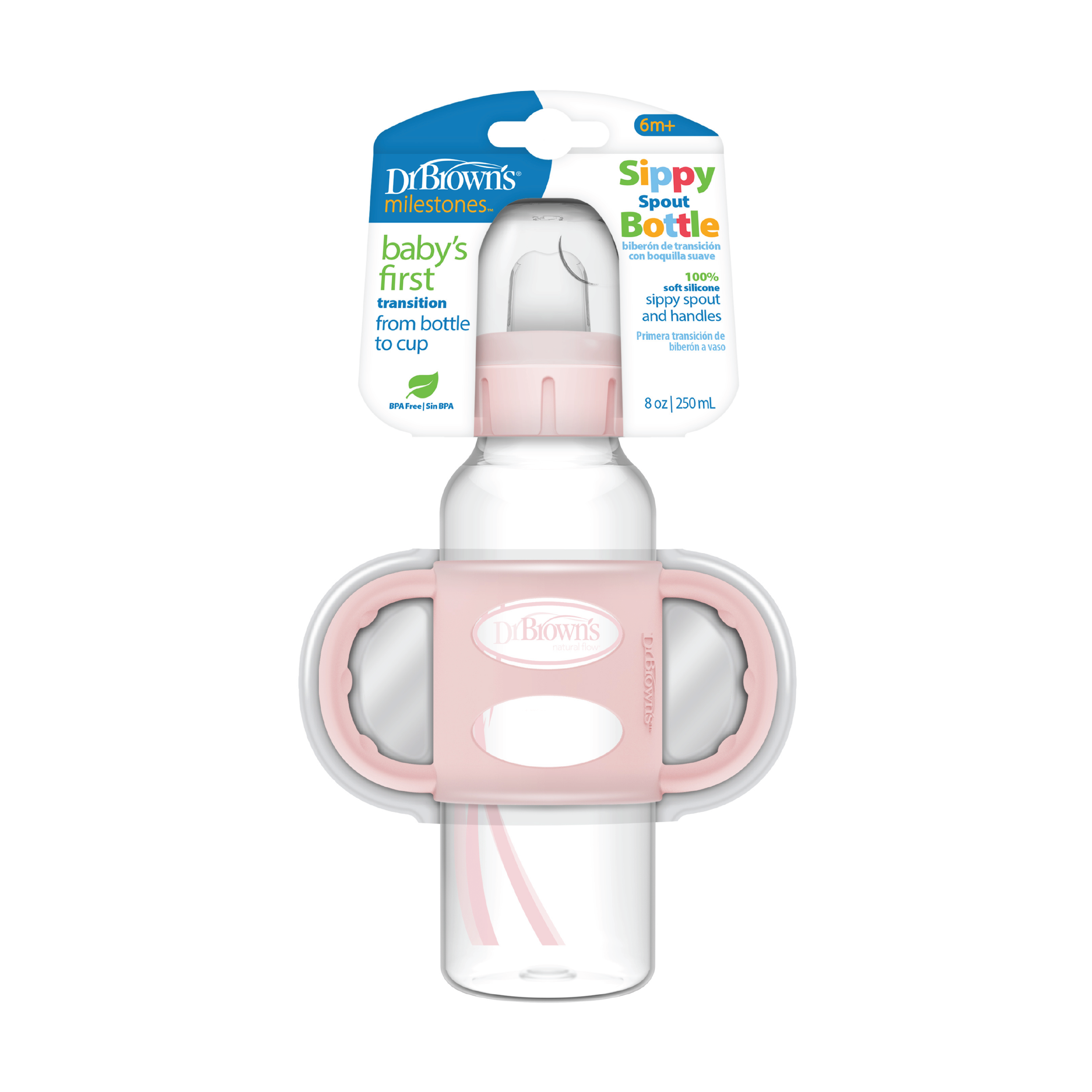 Dr. Brown's Sippy Spout Standard Flaske m/ håndtak, Rosa, 250 ml