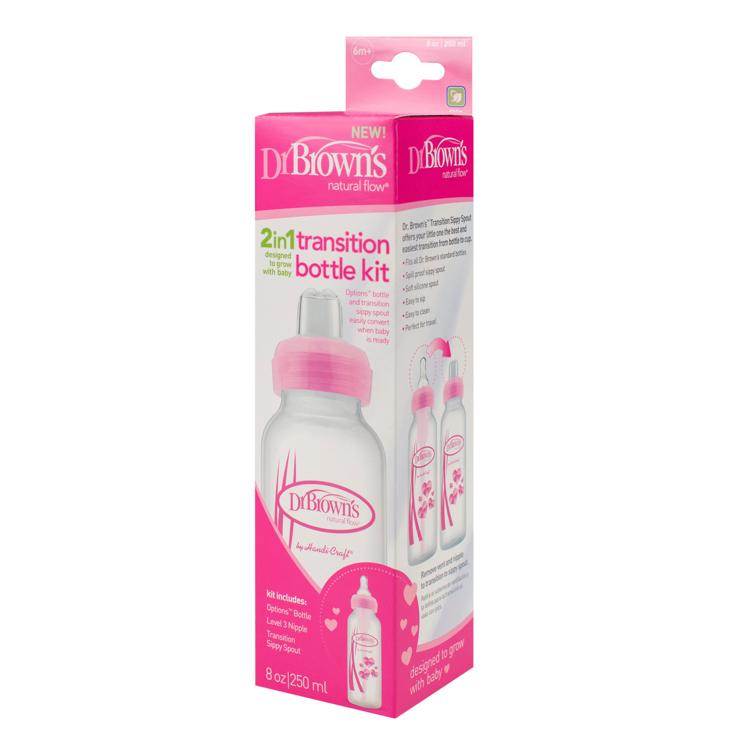 Dr. Brown's 2in1 Transition Flaskesett, 250 ml, rosa, 1 stk.