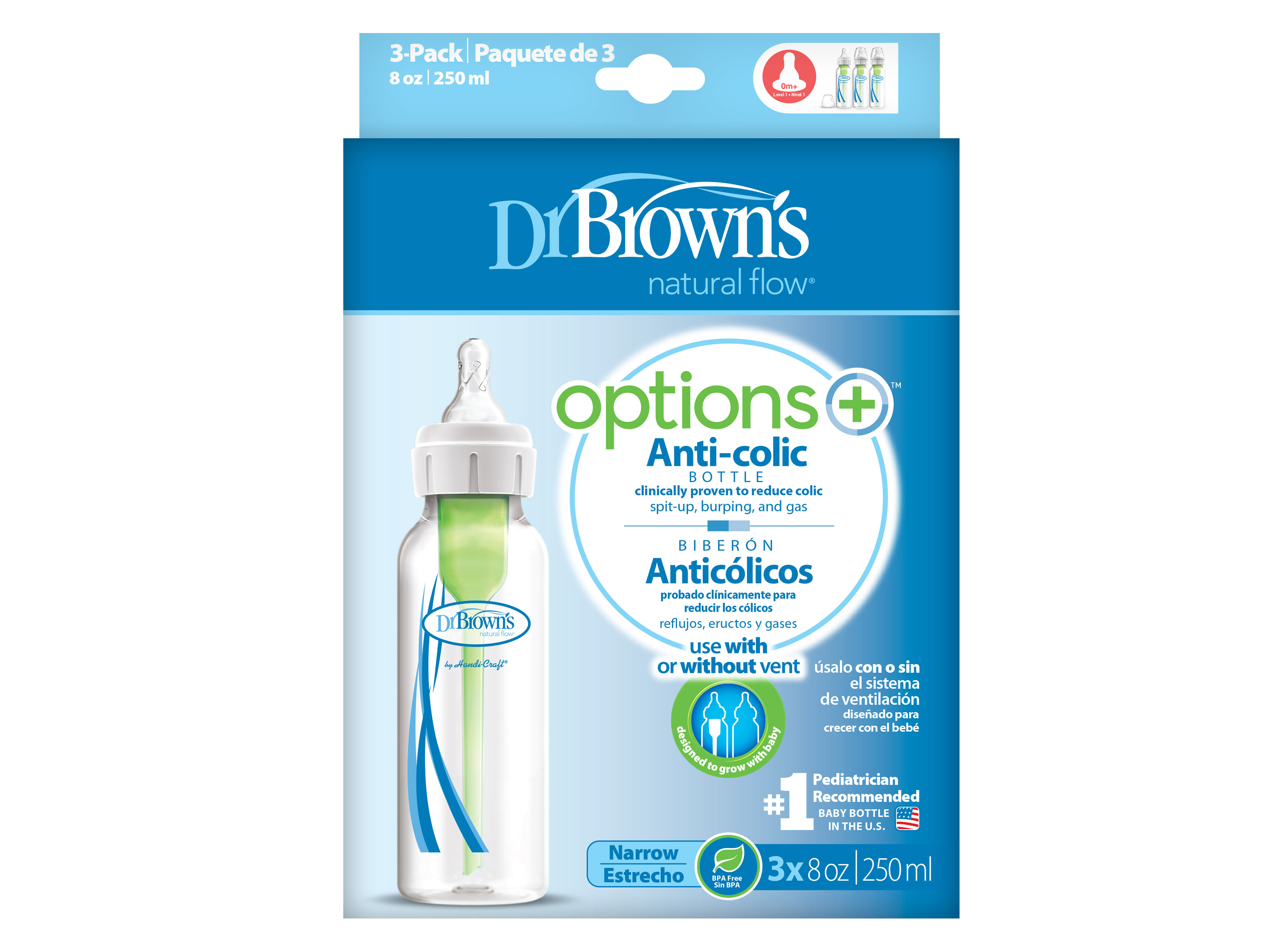 Dr. Brown's Options+ Anti-Colic Narrow Tåteflaske, 3 x 250 ml
