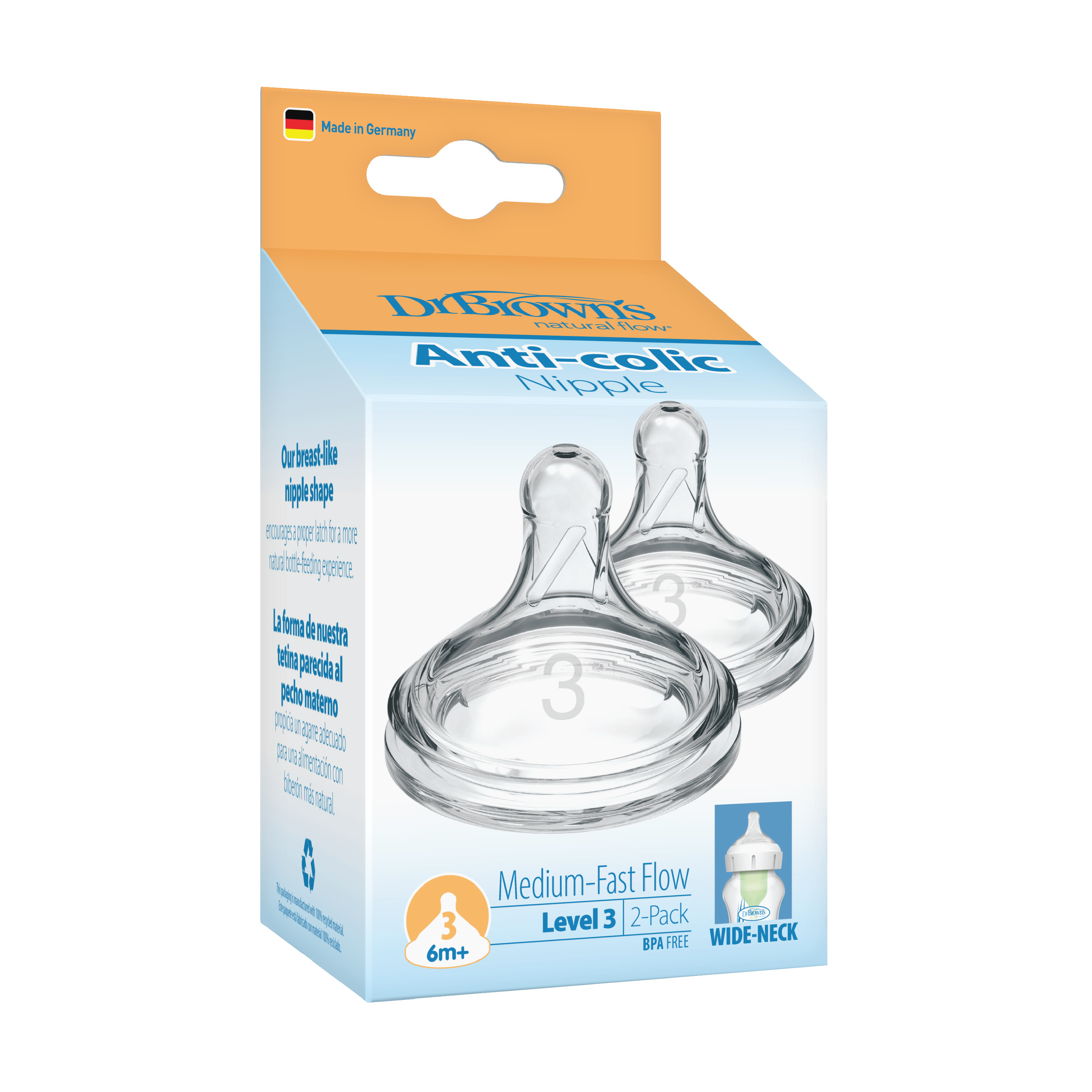 Dr. Brown's Options+ Flaskesmokk Wide-Neck, Str. 3, 6-9 mnd, 2 stk.