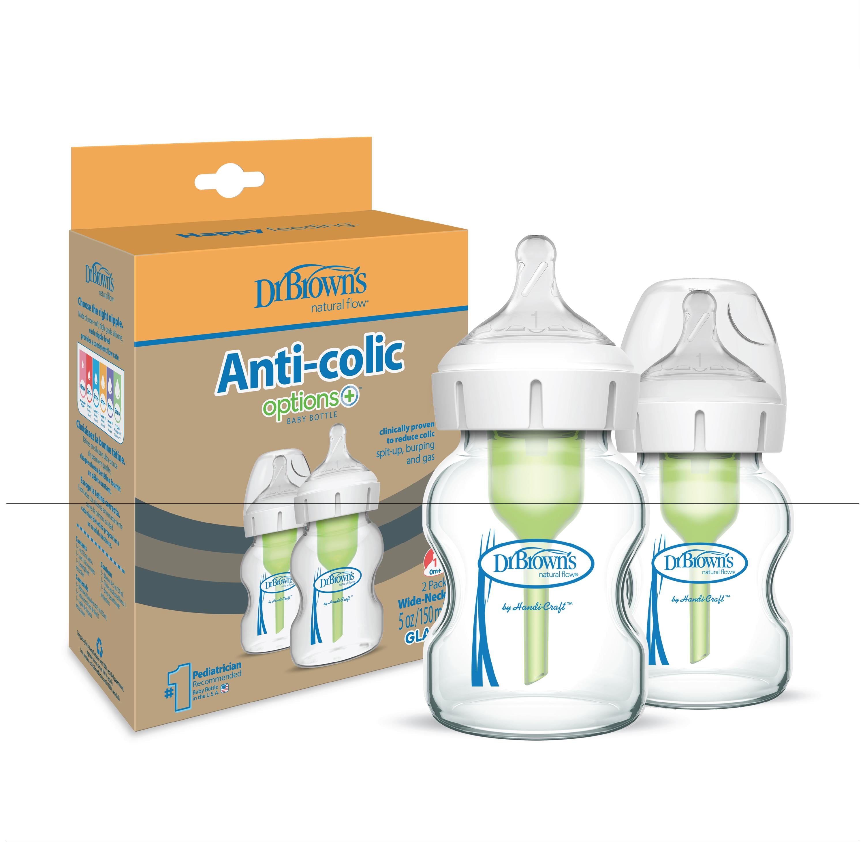 Antikolikk Wideneck Tåteflaske Glass, Str. 1, 0 mnd+, 2 x 150 ml
