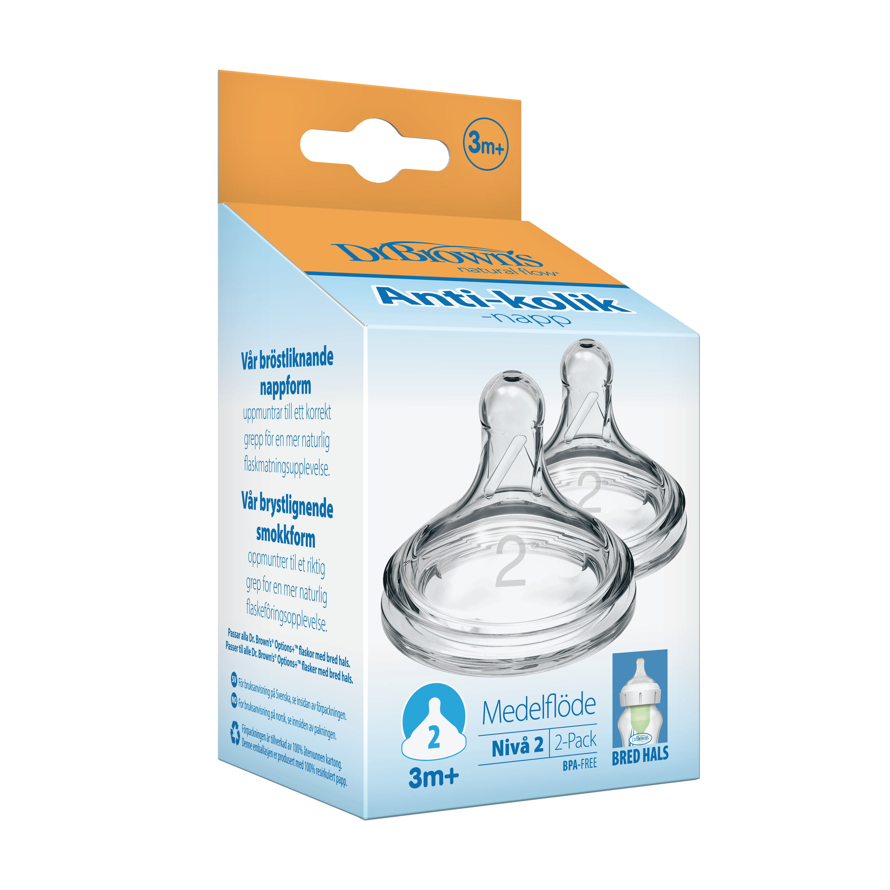 Dr. Brown's Options+ Flaskesmokk Wide-Neck, Str. 2, 3-6 mnd, 2 stk.