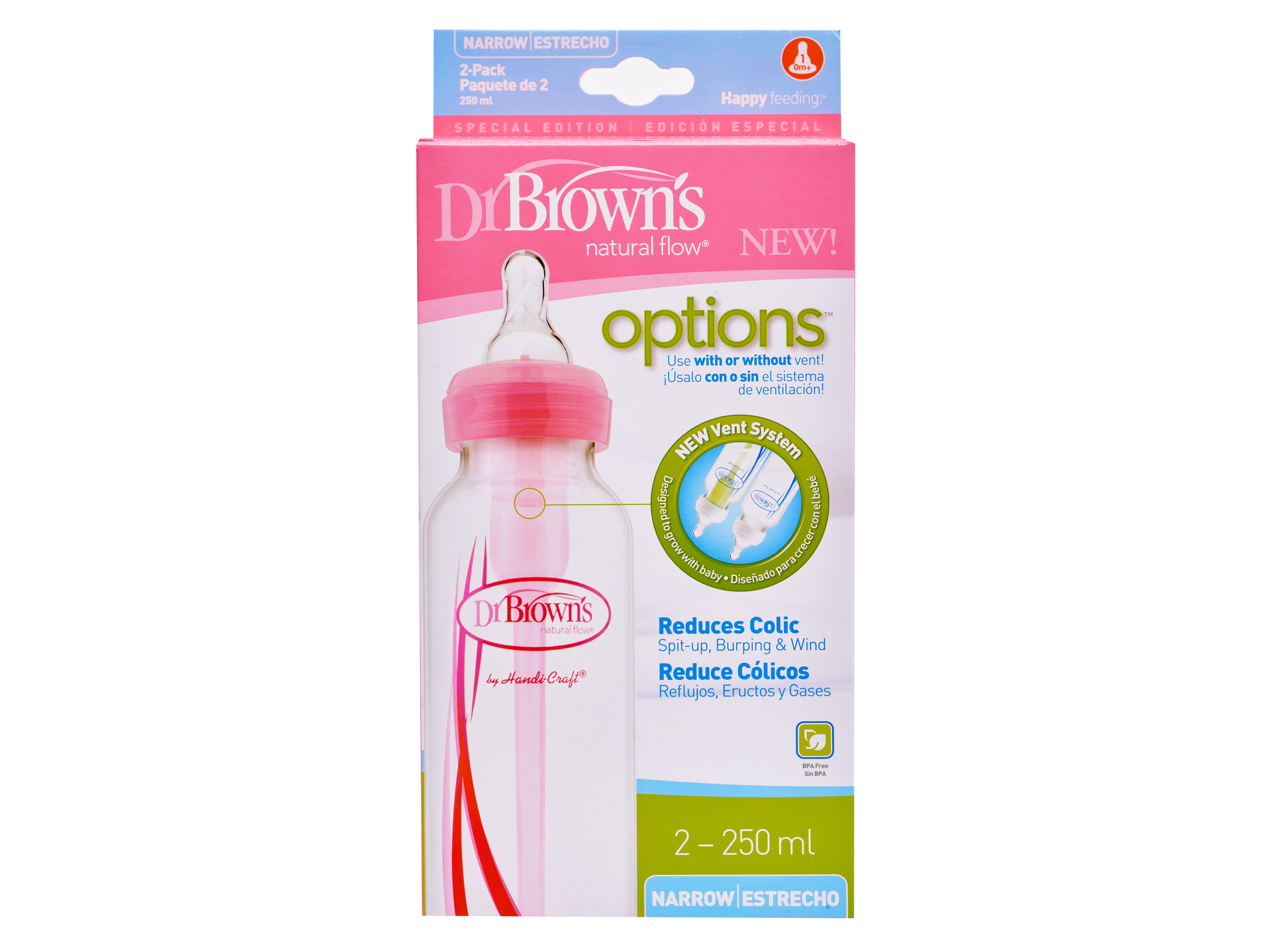Dr. Brown's Option Narrow Tåteflaske, 250ml rosa, 2 stk.