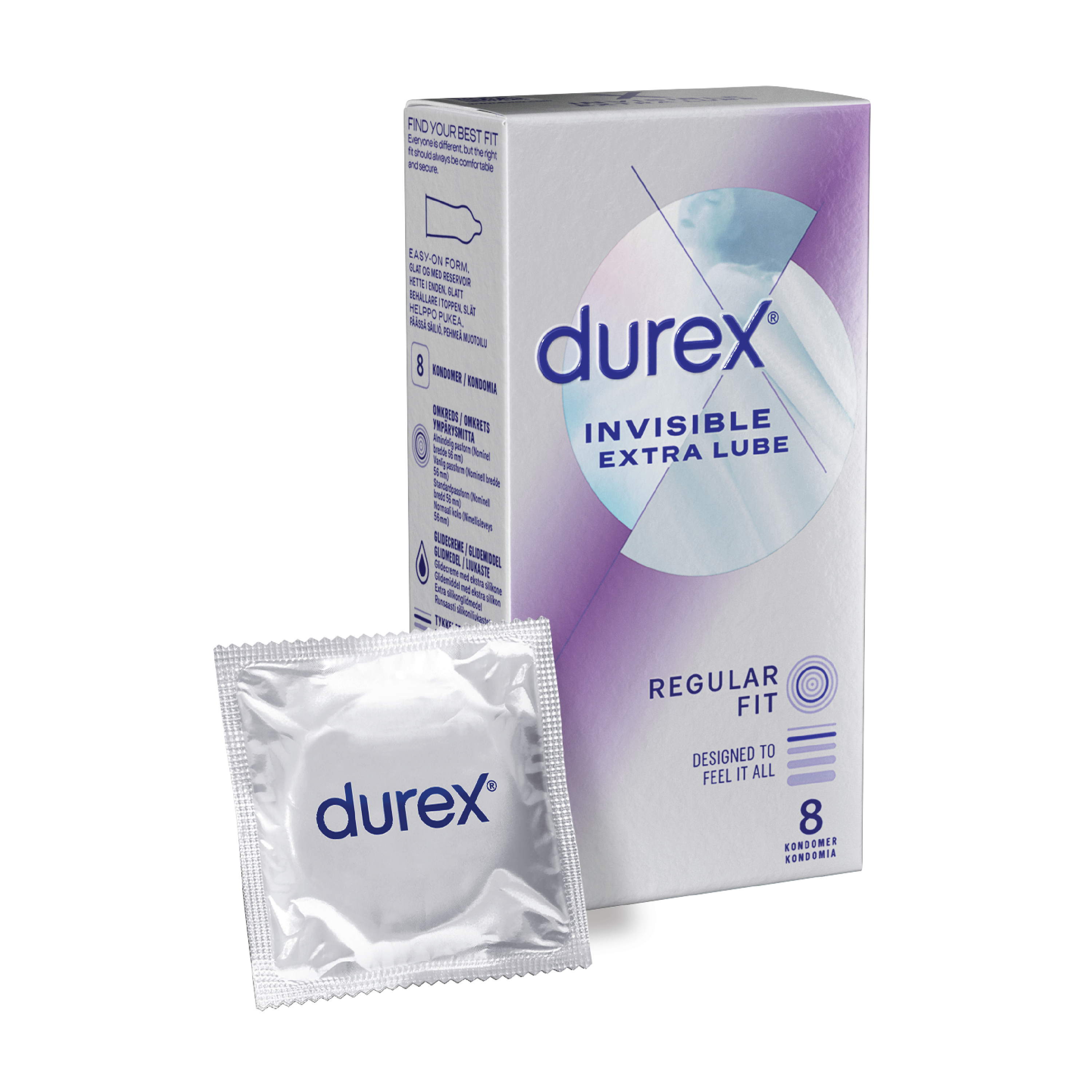 Durex Invisible Extra Lube Kondomer, 8 stk.