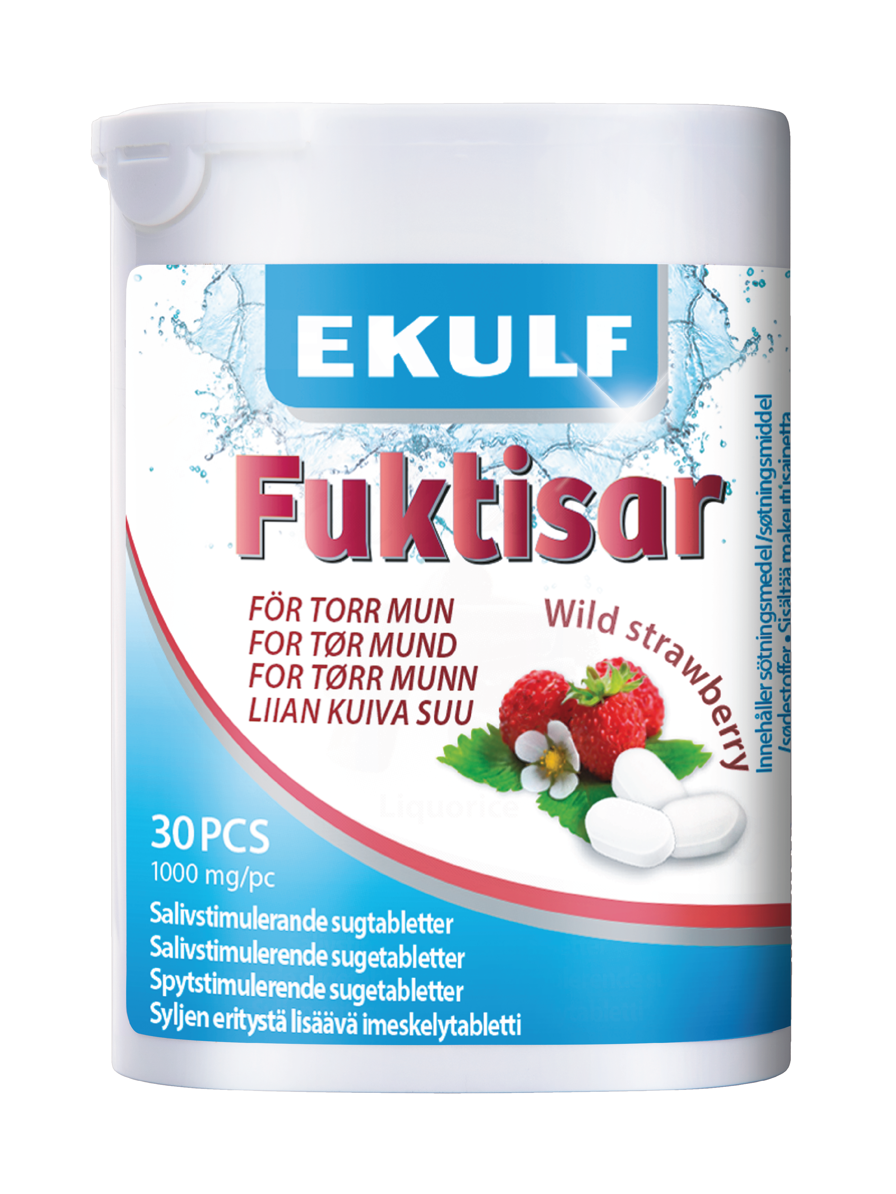 Ekulf Fuktisar Sugetabletter mot munntørrhet, Markjordbærsmak, 30 stk.