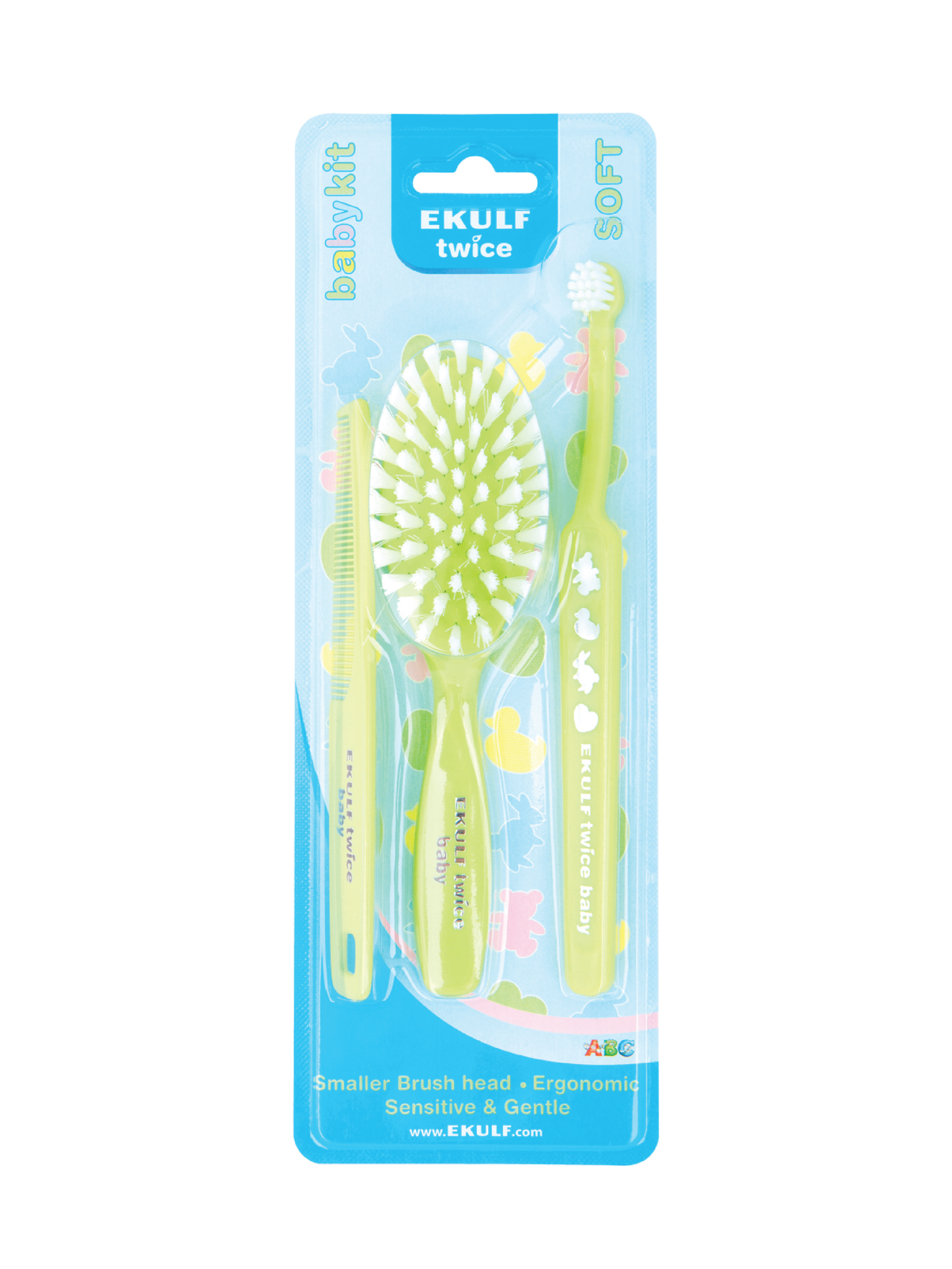 Ekulf Twice Babykit m/tannbørste, hårbørste og kam, Assorterte farger, 1 sett