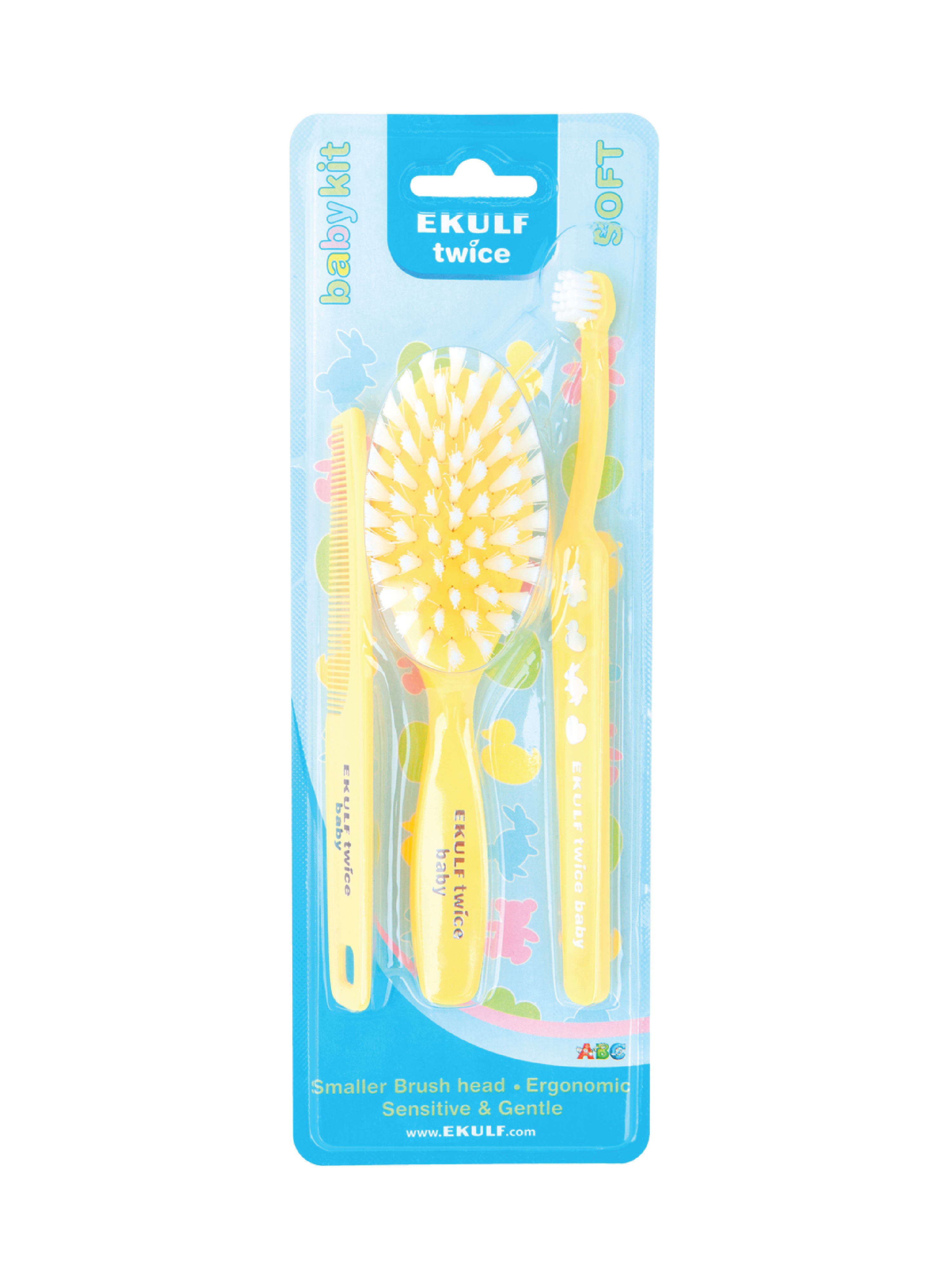 Ekulf Twice Babykit m/tannbørste, hårbørste og kam, Assorterte farger, 1 sett