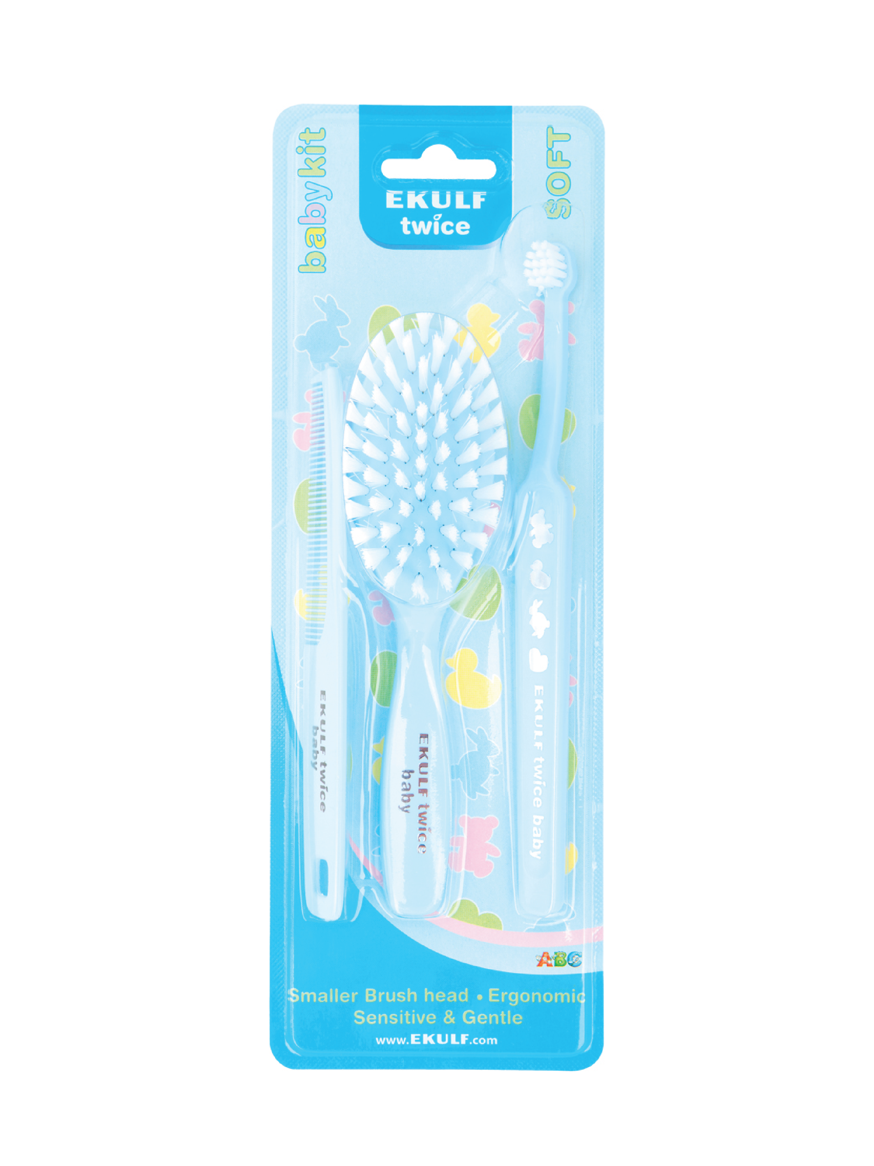 Ekulf Twice Babykit m/tannbørste, hårbørste og kam, Assorterte farger, 1 sett