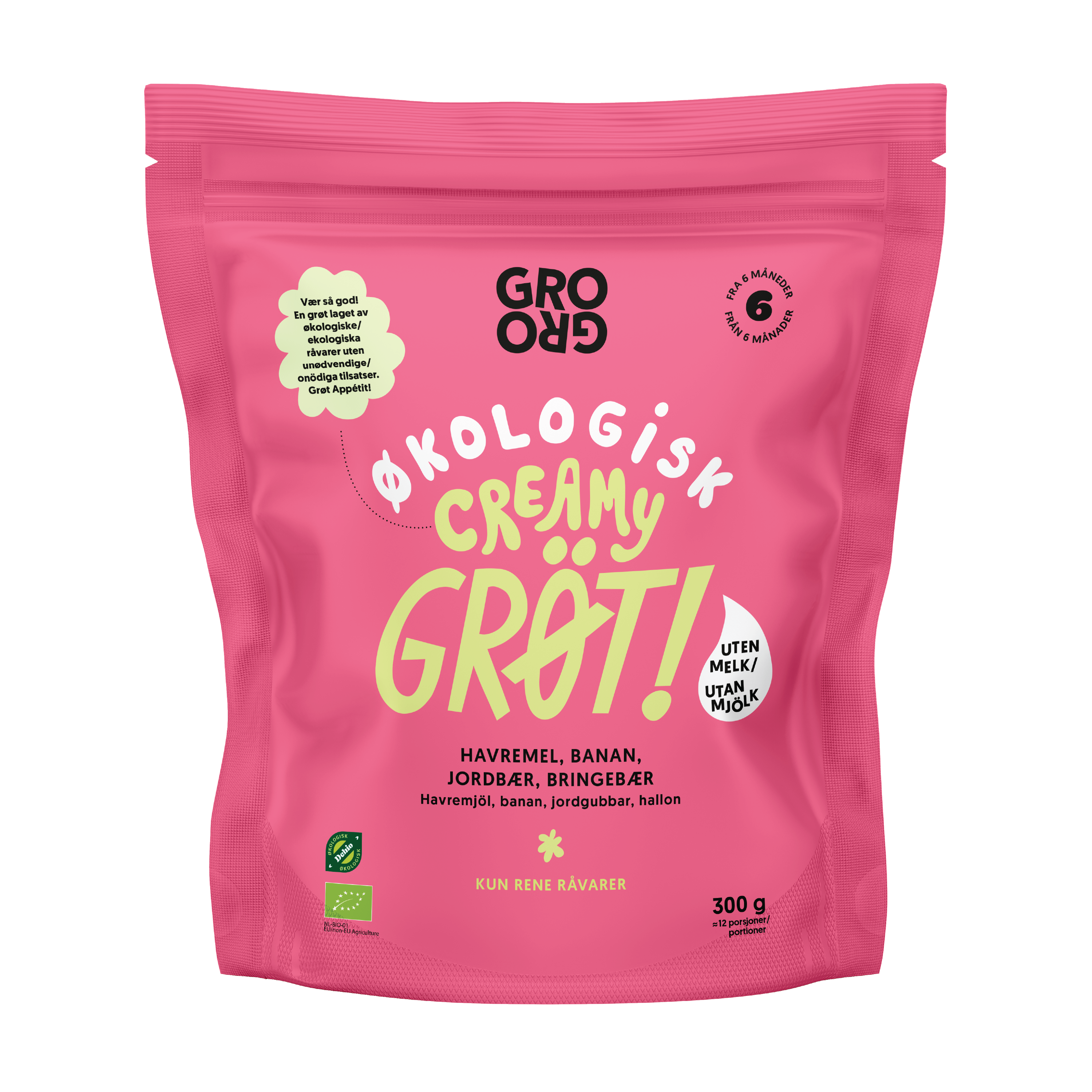 GroGro Pulvergrøt Creamy med Banan og Bringebær, 300 g