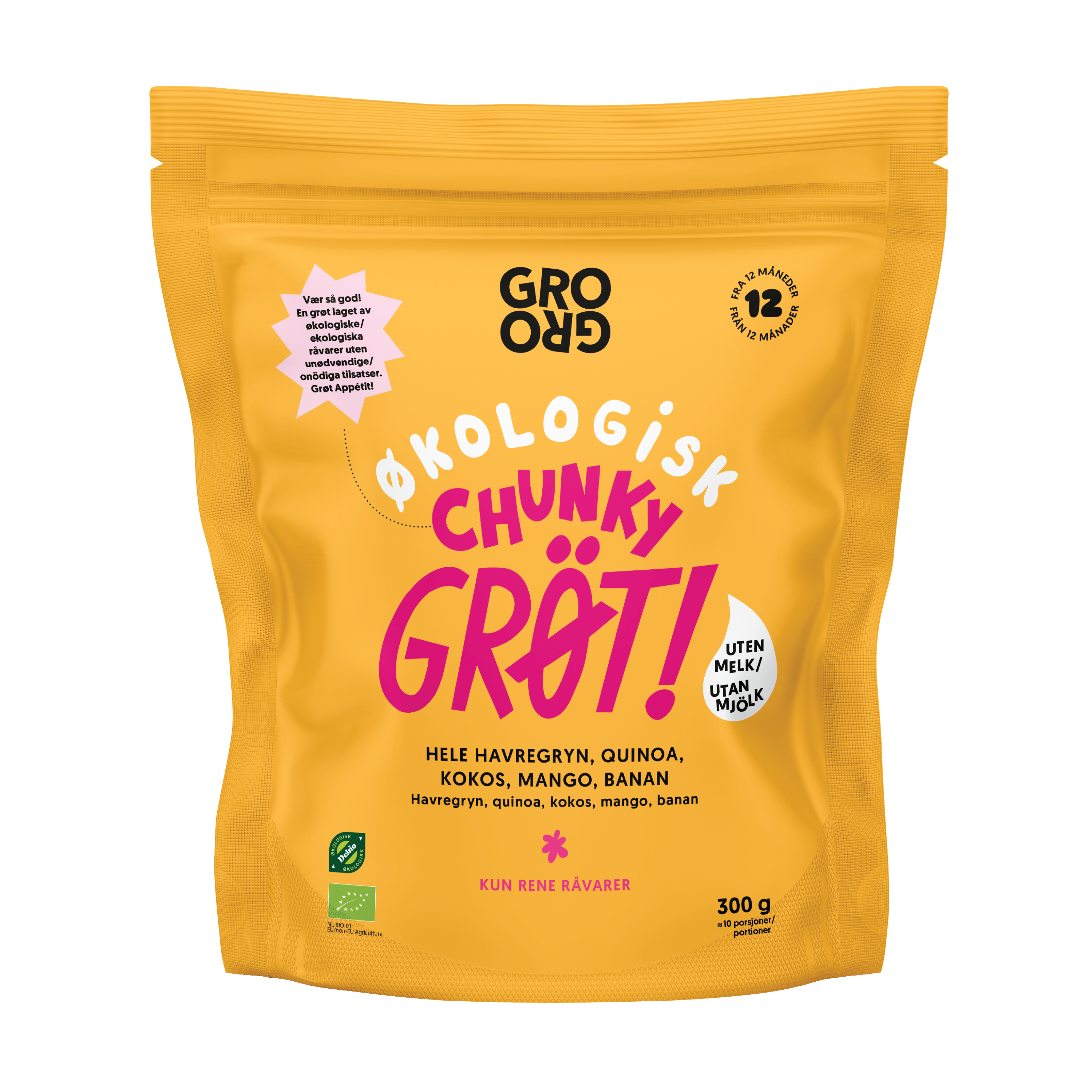 GroGro Pulvergrøt Chunky med Mango, Kokos, Banan, 300 g