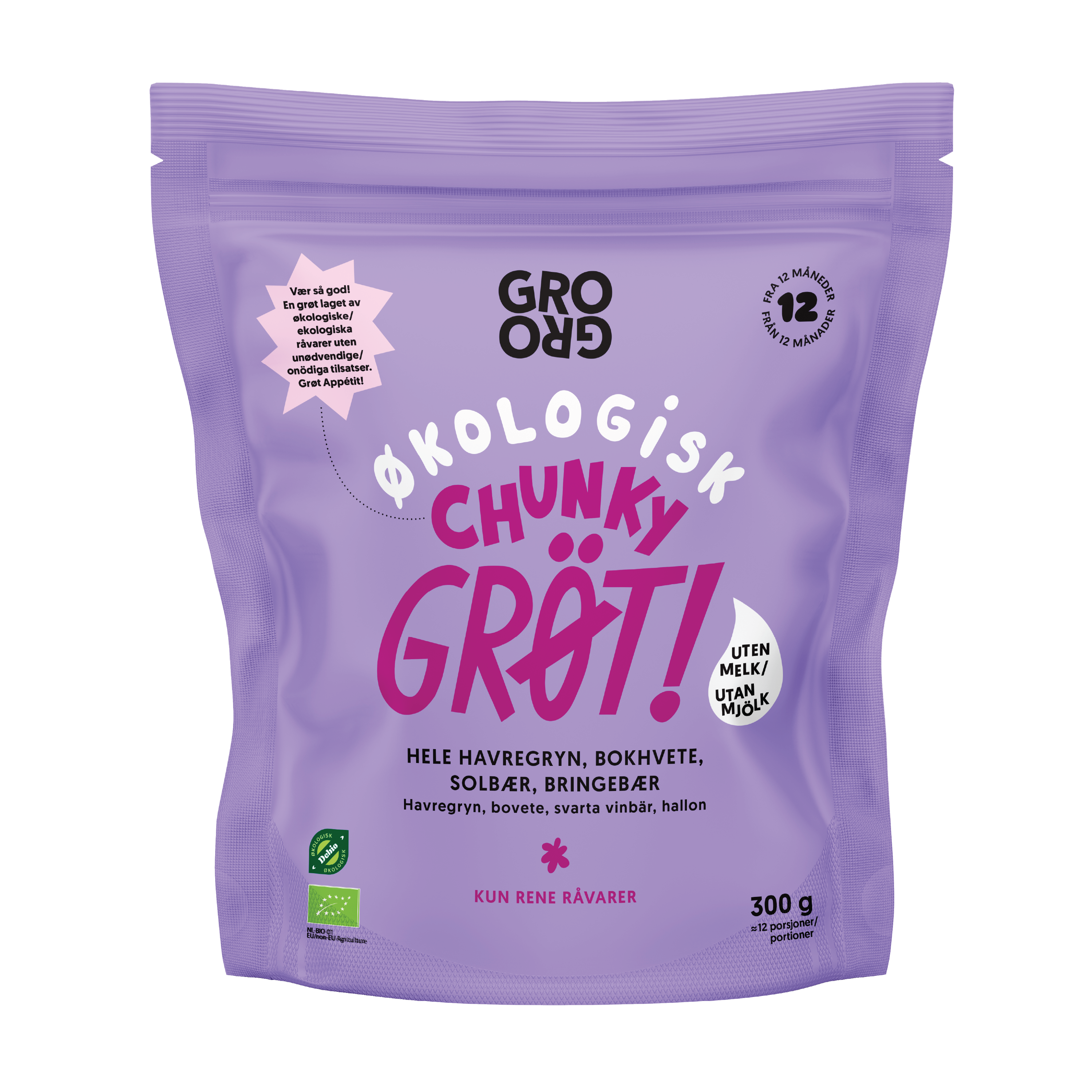GroGro Pulvergrøt Chunky med Solbær og Bringebær, 300 g
