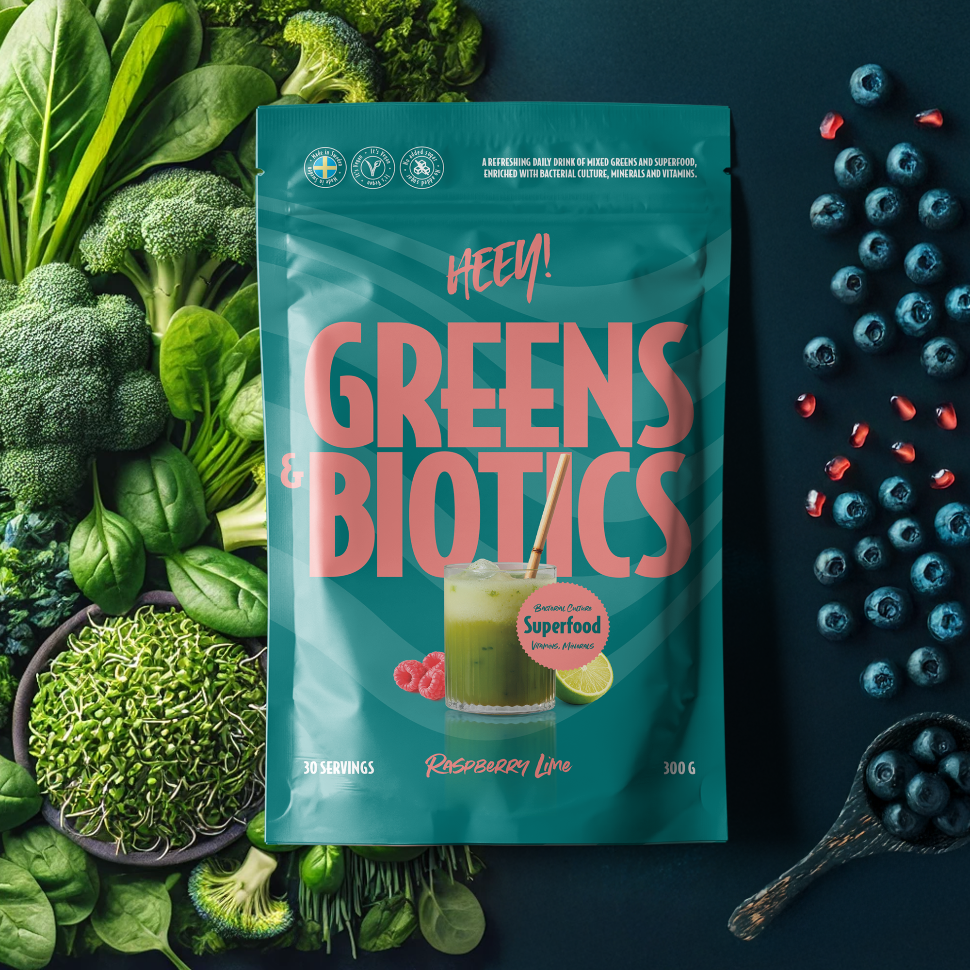 Heey! Greens & Biotics Superfood, Raspberry Lime, 300 g