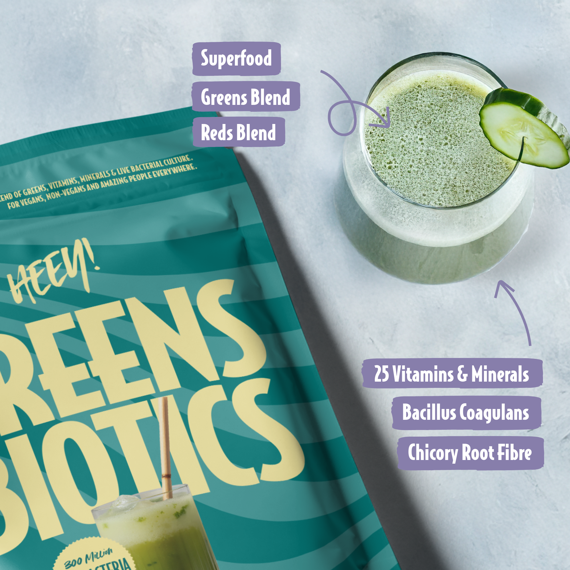 Heey! Greens & Biotics Superfood, Mixed Berries, 300 g