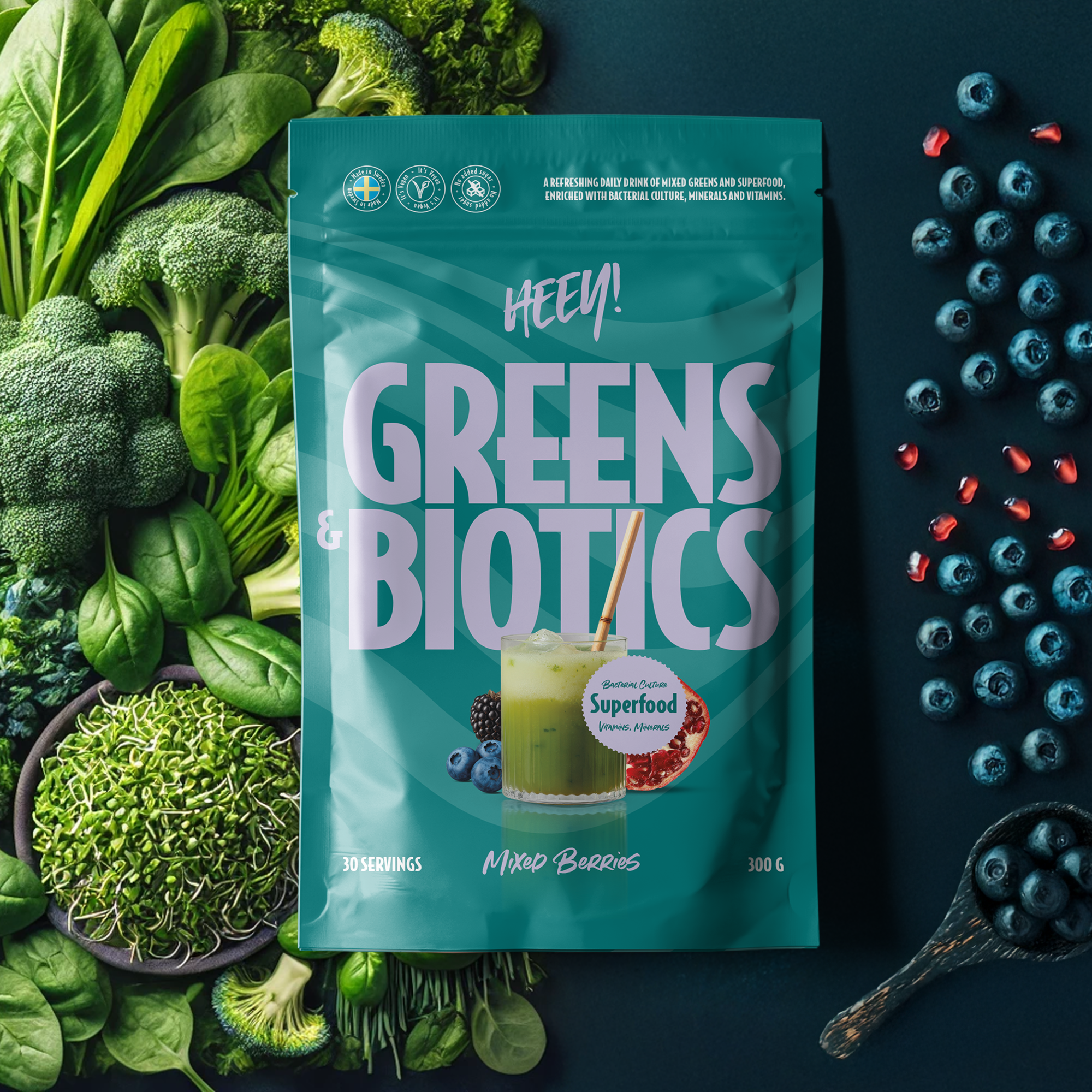Heey! Greens & Biotics Superfood, Mixed Berries, 300 g